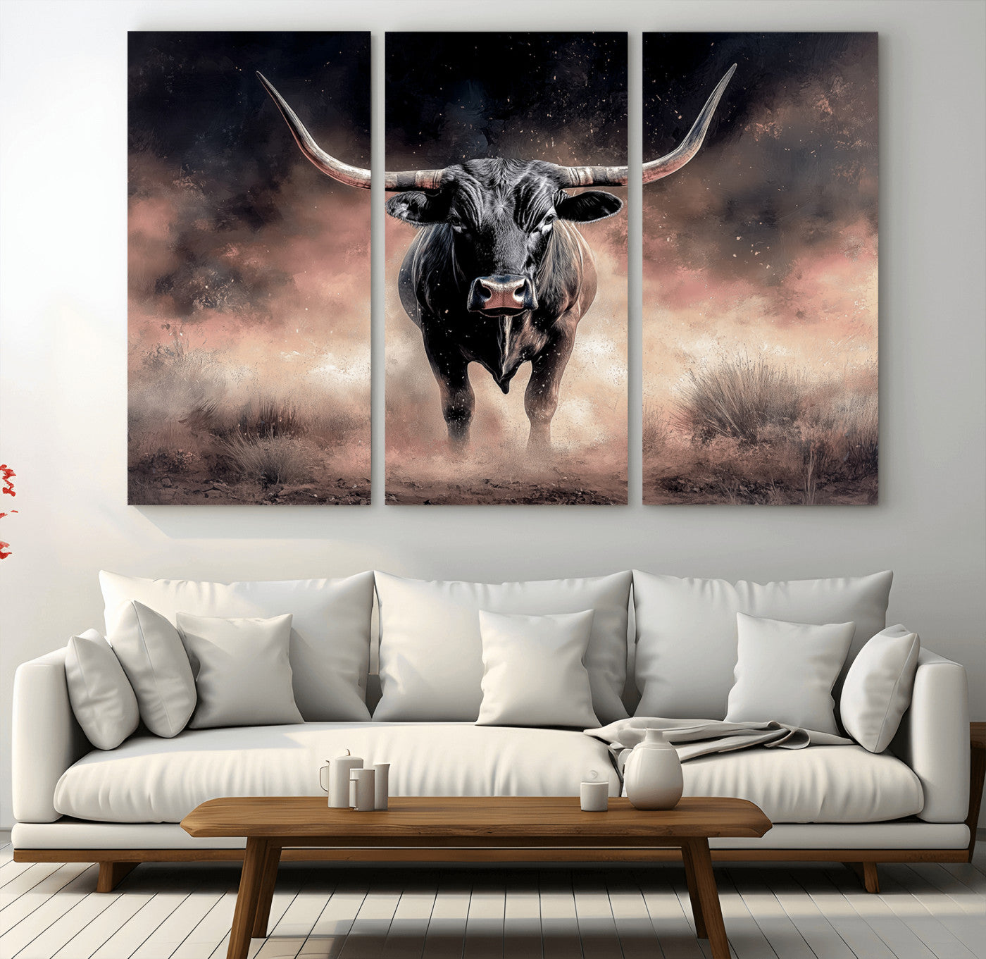 71457818-MGV-CV-36X24-Longhorn Wall Art Wall Art Canvas Print, Framed Western Bull Canvas Art Picture Print, Rustic Cow Decor Perfect Western Dramatic