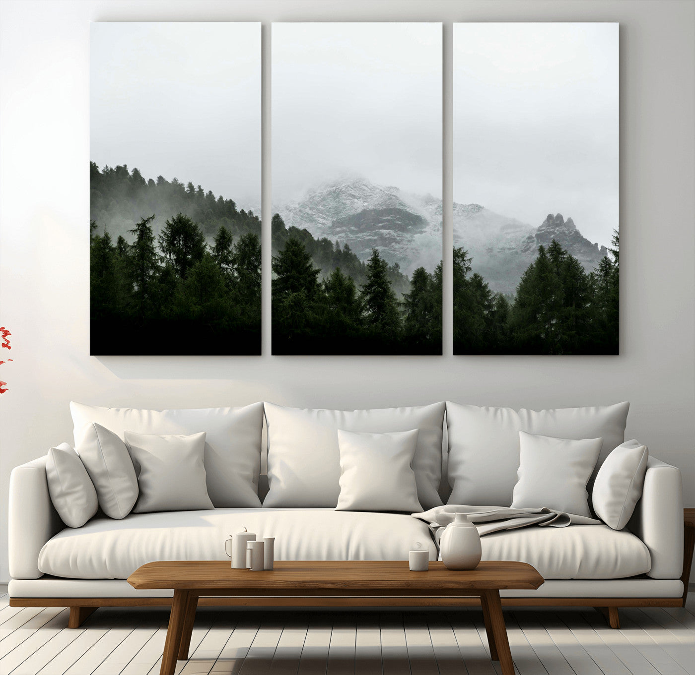 55968349-MGV-CV-36X24-Misty Mountains Wall Art Canvas Print, Framed Foggy Forest Art Picture Print, Snowy Peaks Perfect Moody Wilderness Decor Artwork