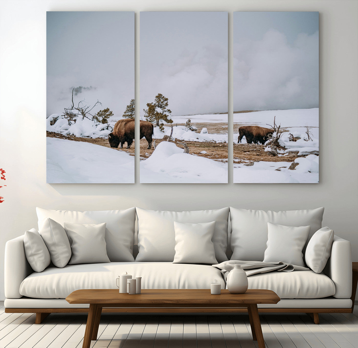 60308289-MGV-CV-36X24-Bison Wildlife Wall Art Canvas Print, Framed Snowy Prairie Art Picture Print, Western Landscape Perfect Rustic Winter Decor