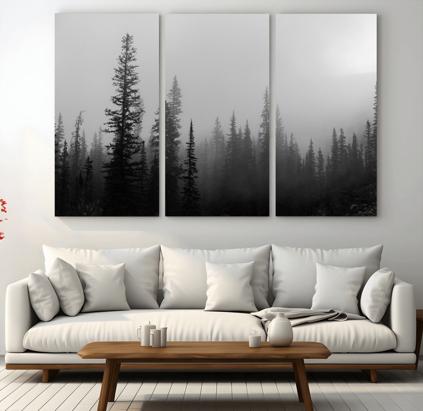 73138900-MGV-CV-36X24-Misty Pines Wall Art Canvas Print, Framed Woodland Photography Art Picture Print, Minimalist Decor Perfect Modern Rustic Decor