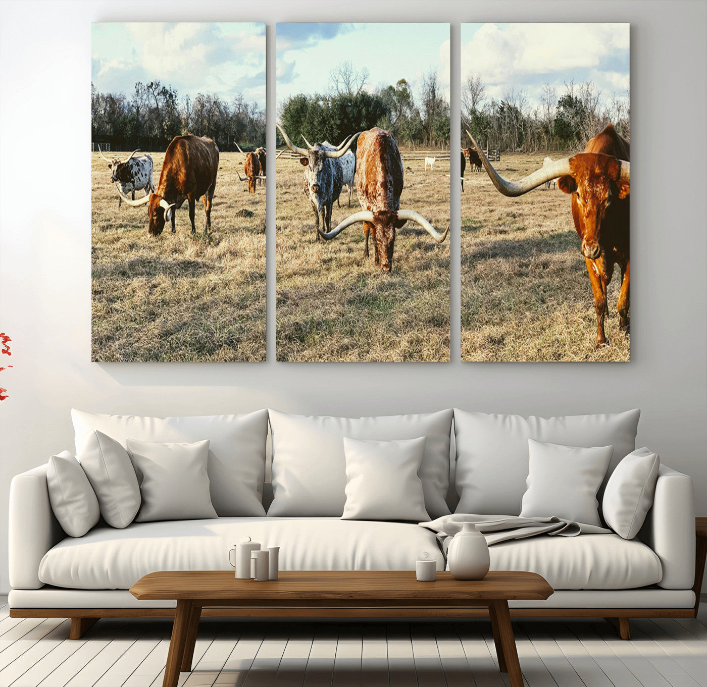39144651-MGV-CV-36X24-Texas Longhorns Wall Art Canvas Print, Framed Rustic Farm Scene Art Picture Print, Western Cattle Perfect Rustic Farmhouse Decor