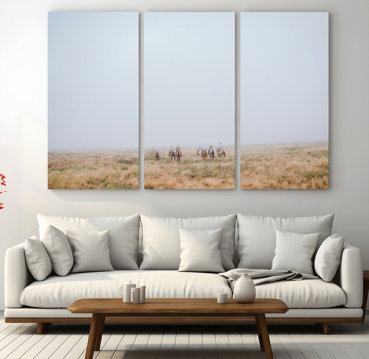 14761944-MGV-CV-36X24-Foggy Plains Wall Art Canvas Print, Framed Horseback Riders Art Picture Print, Rustic Western Perfect Rustic Western Decor Artwork