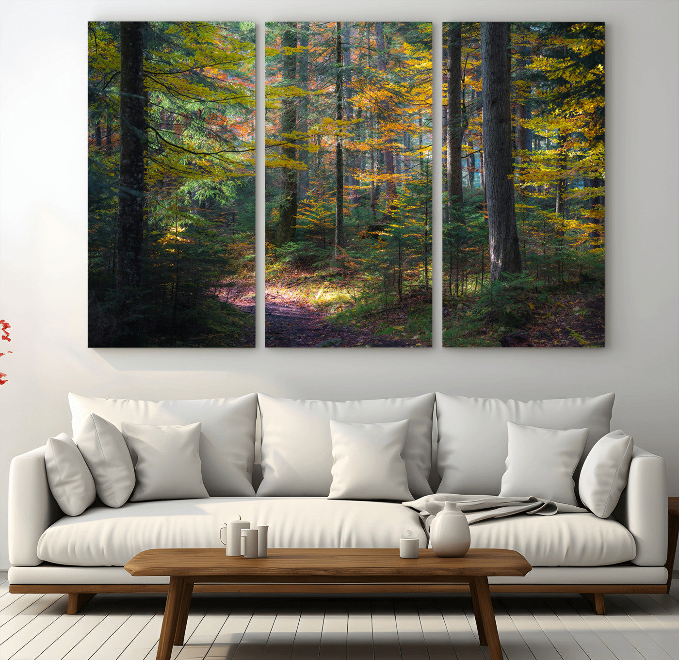 65810864-MGV-CV-36X24-Autumn Forest Wall Art Canvas Print, Framed Fall Woodland Art Picture Print, Golden Leaves Perfect Rustic Farmhouse Decor Artwork