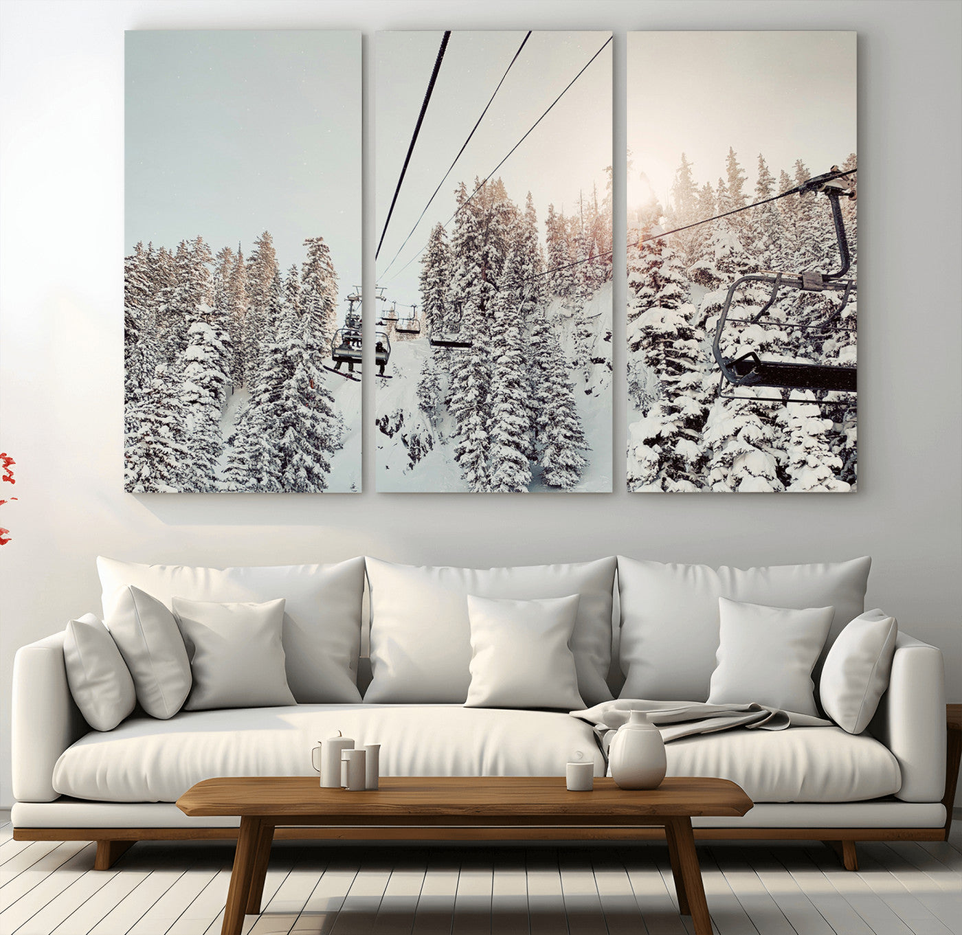 91534512-MGV-CV-36X24-Frosty Pines Wall Art Canvas Print, Framed Cozy Cabin View Art Picture Print, Ski Lift Ride Perfect Rustic Lodge Decor Artwork