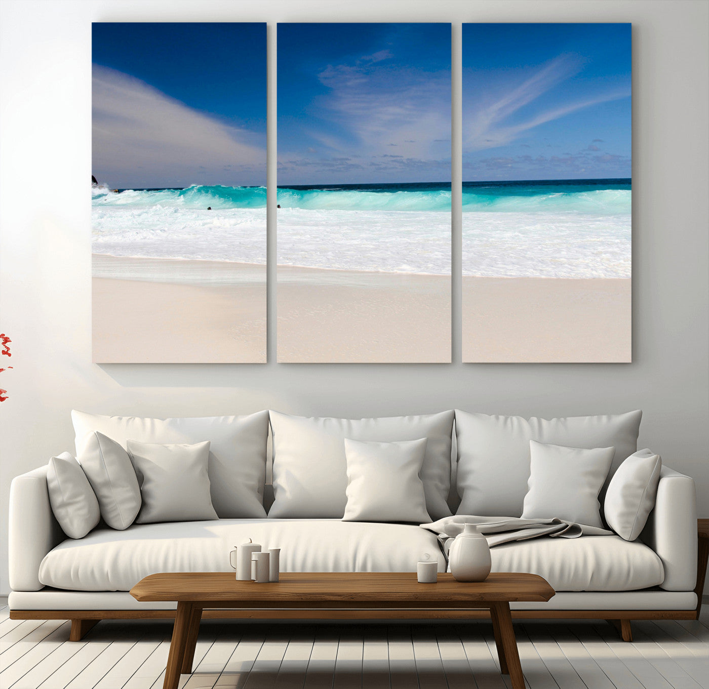 55017356-MGV-CV-36X24-Ocean Beach Wall Art – Turquoise Wave and White Sand Shoreline Canvas Print, Coastal Seascape Photography Decor for Living Room,