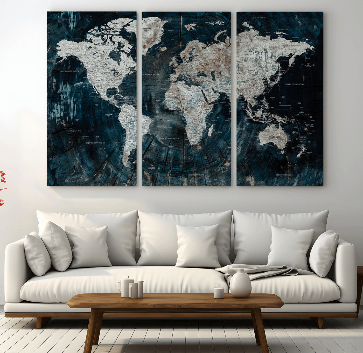 34425609-MGV-CV-36X24-World Map Wall Art – Rustic Navy and Grey Atlas Canvas Print, Distressed Explorer Map Artwork, Industrial Style Decor for Office,