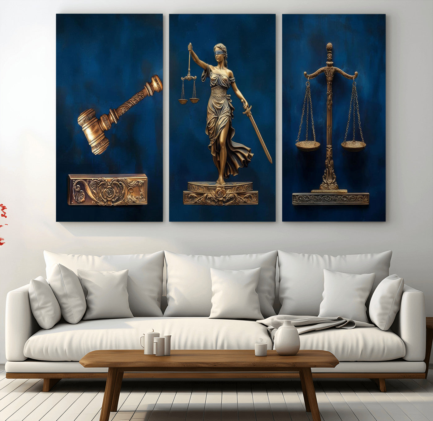 91629053-MGV-CV-36X24-Lady Justice Wall Art – Golden Gavel and Scales Canvas Print, Elegant Legal Office Decor for Lawyers, Judges, Courtroom or Study