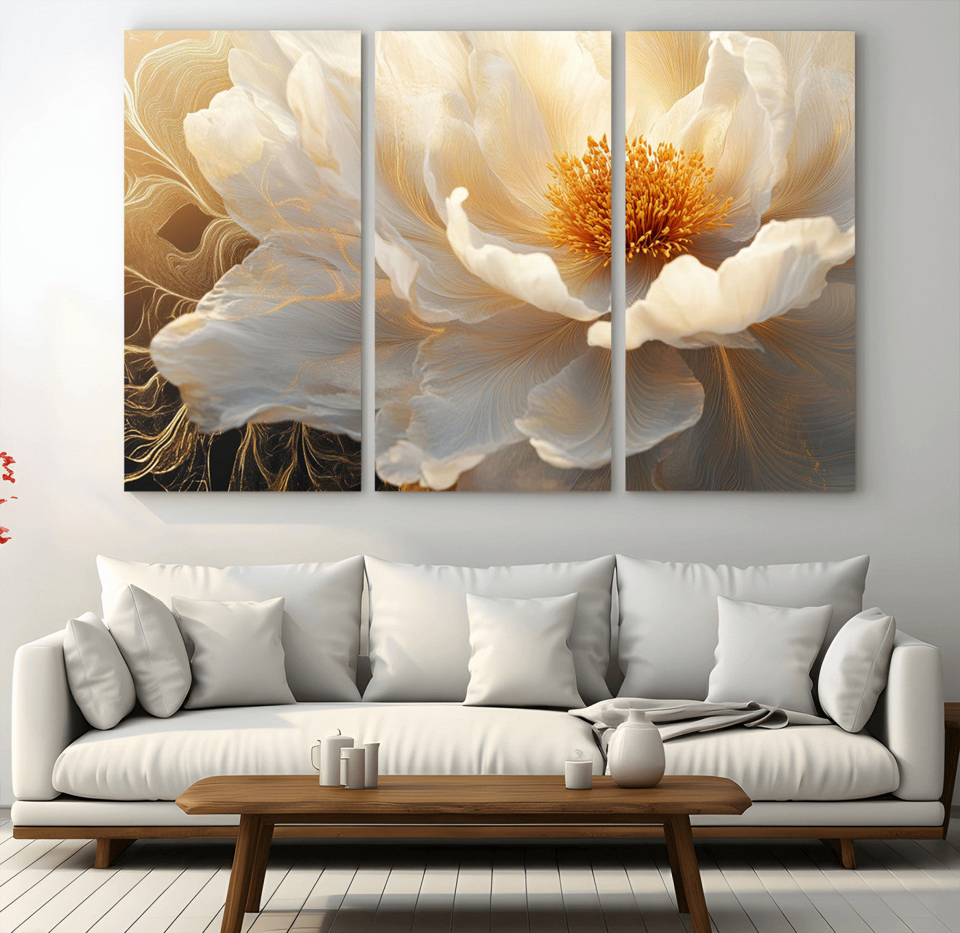29539087-MGV-CV-36X24-Floral Wall Art – Elegant White and Gold Bloom Canvas Print, Romantic Modern Flower Artwork for Bedroom, Living Room, or Office