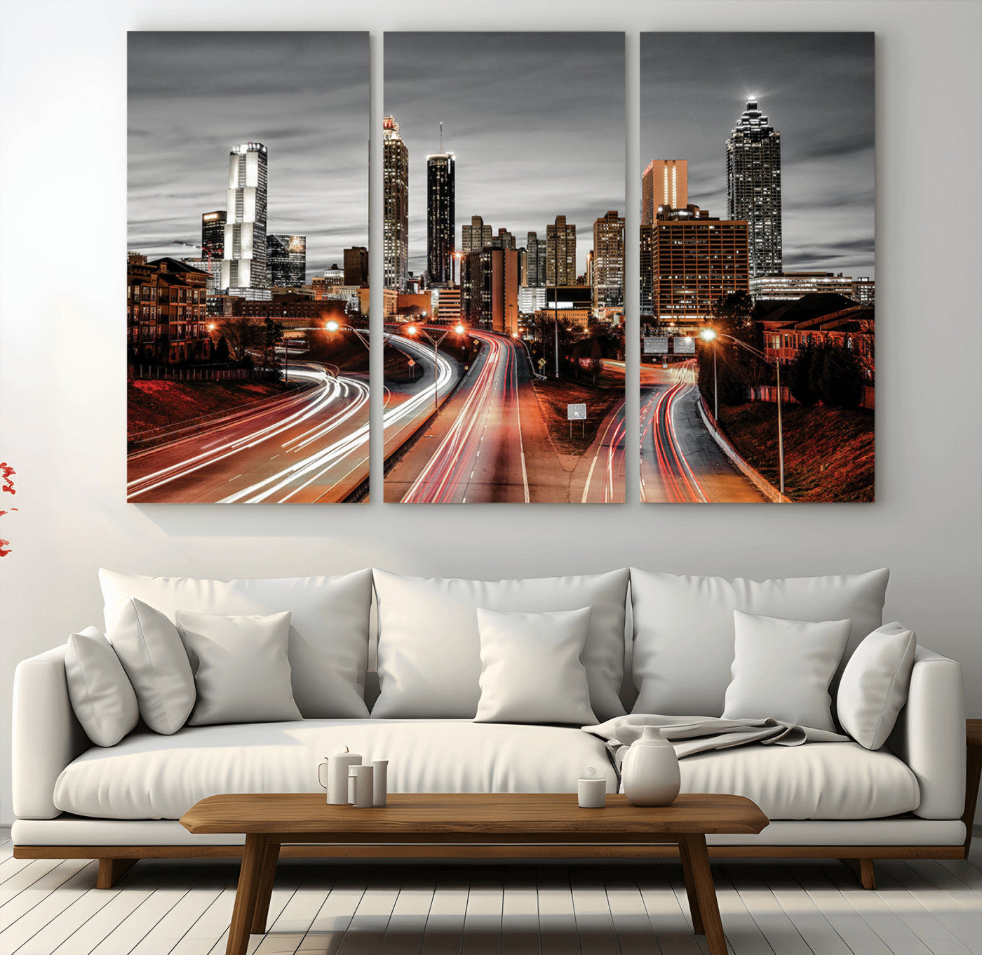 59097239-MGV-CV-36X24-City Skyline Wall Art – Modern Black and White Night Canvas Print with Red Light Trails, Urban Landscape Decor for Living Room or