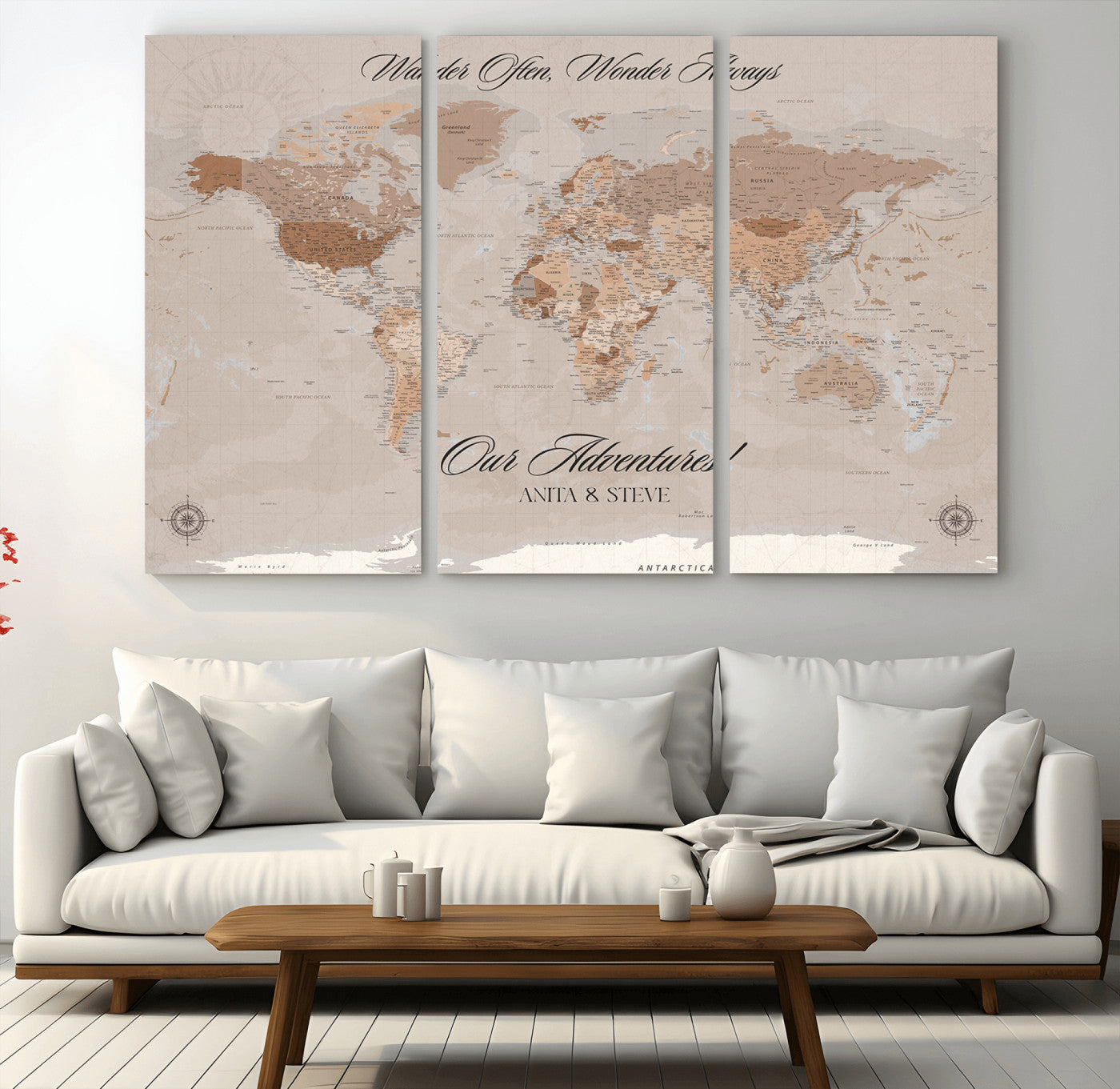 95243244-MGV-CV-48X32-3P-Wander Often Wonder Always World Map Wall Art – Neutral Beige Adventure Canvas Print, Rustic Boho Travel Decor for Bedroom, Living
