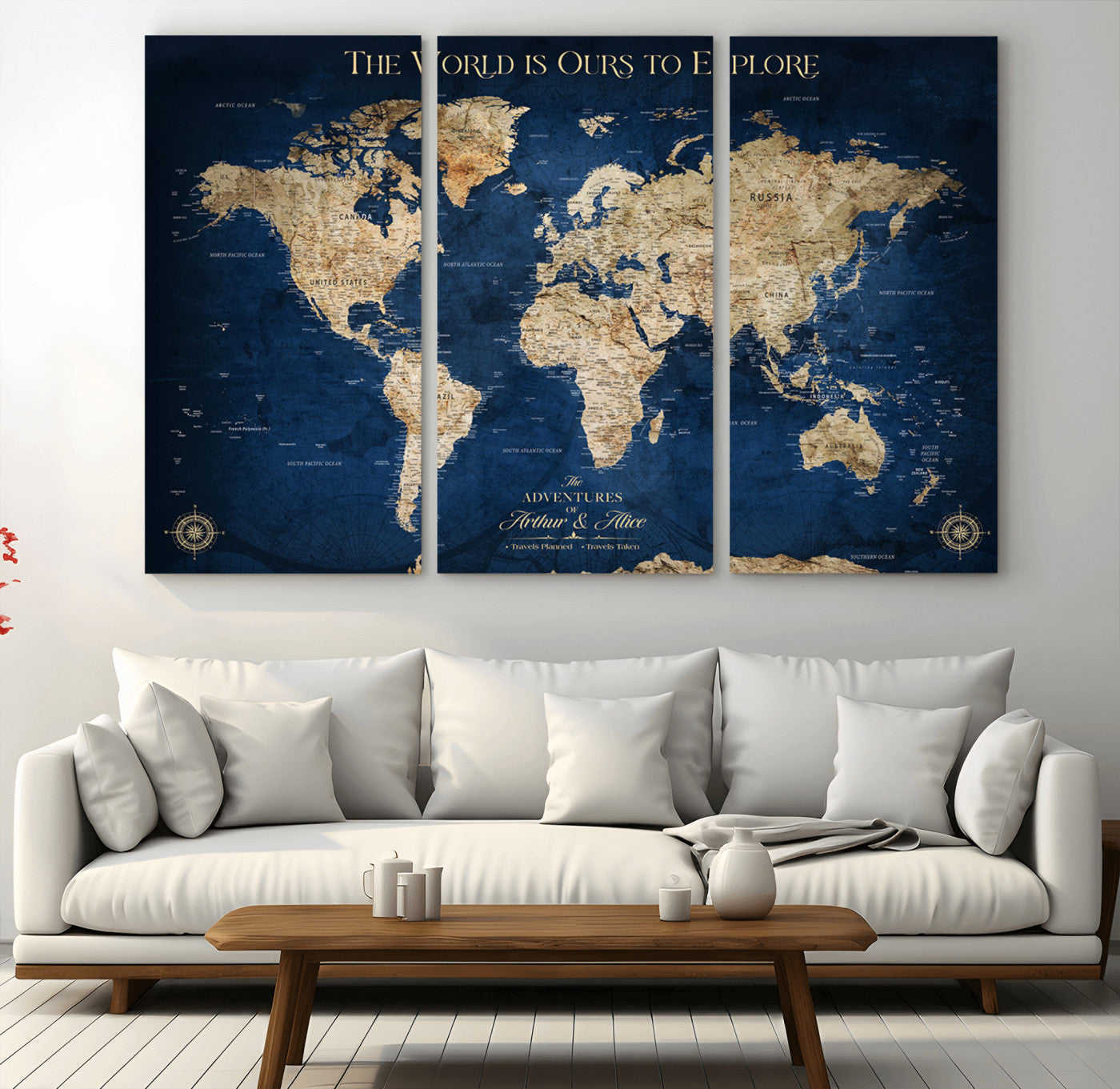 54782997-MGV-CV-36X24-The World is Ours to Explore Wall Art – Blue World Map Canvas Print, Adventure Travel Decor for Home, Office or Living Room,