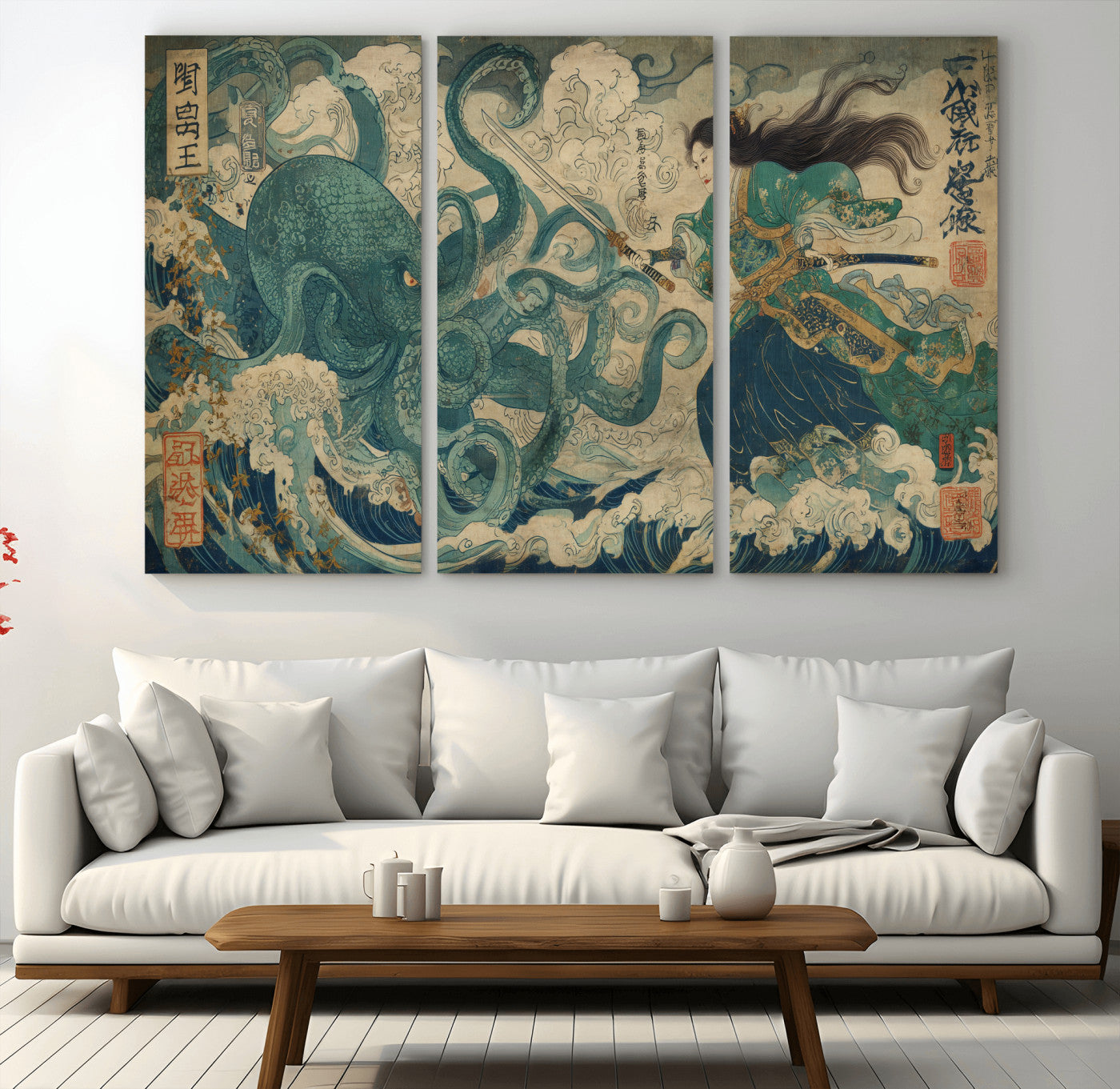 60346622-MGV-CV-36X24-Tsukioka Yoshitoshi Samurai Wall Art Print, Japanese Katana Warrior Canvas Wall Art, Octopus Sea Monster Canvas Print,