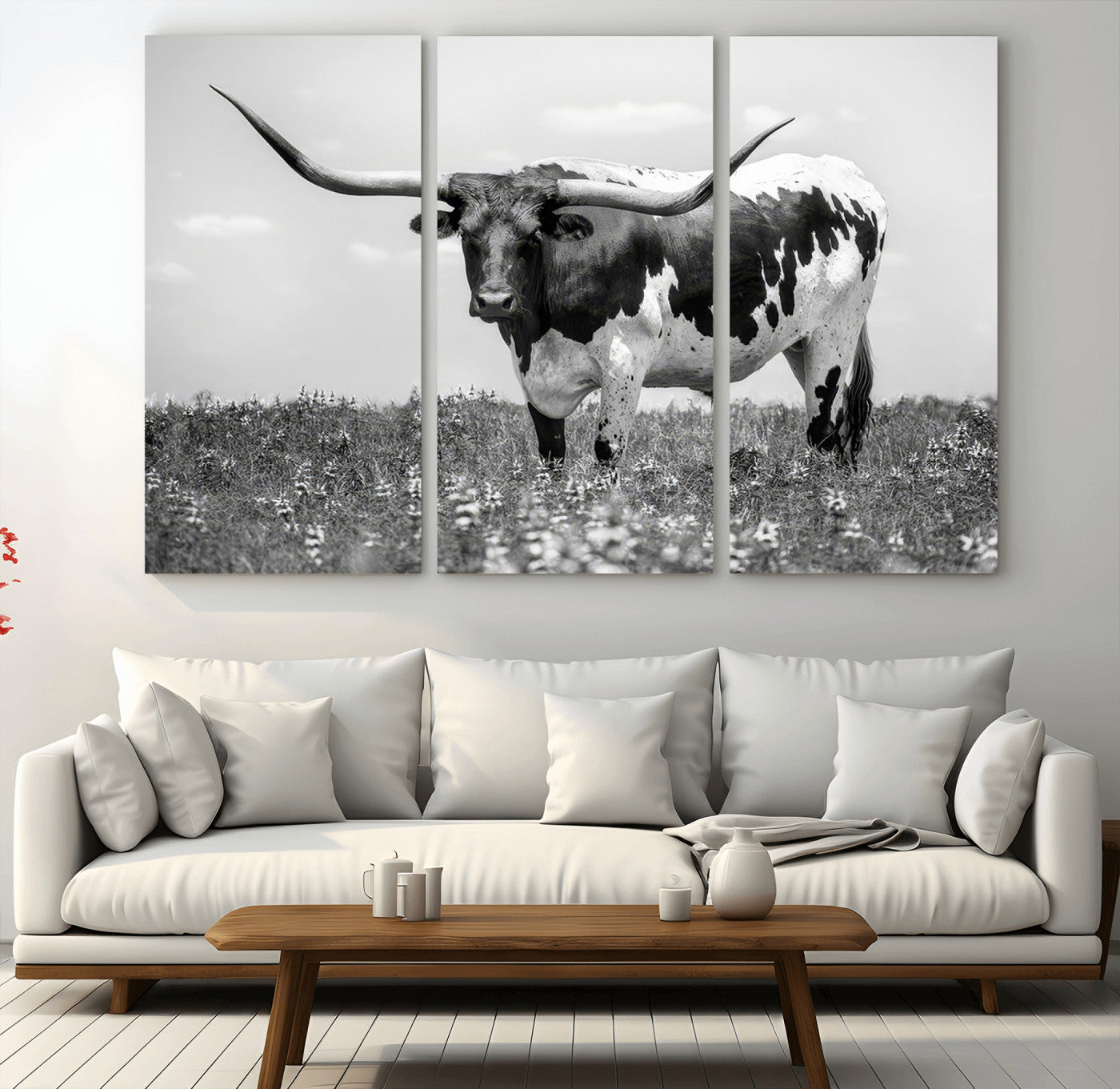 83785-MGV-CV-36X24-Texas Longhorn Wall Art Canvas Print, Framed Horned Bull Art Picture Print, Monochrome Cattle Perfect Rustic Western Decor Artwork