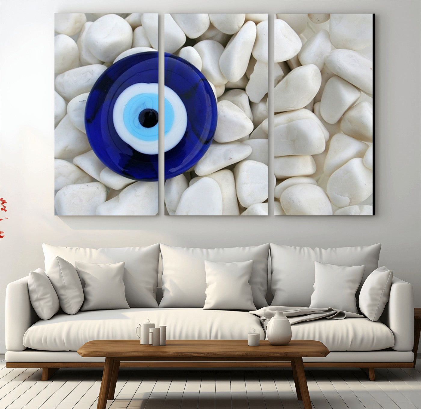 48883-MGV-CV-36X24-Evil Eye Wall Art – Deep Blue Symbol of Presence and Calm on White Stones, Subtle Spiritual Decor for Entryway, Studio, Office or