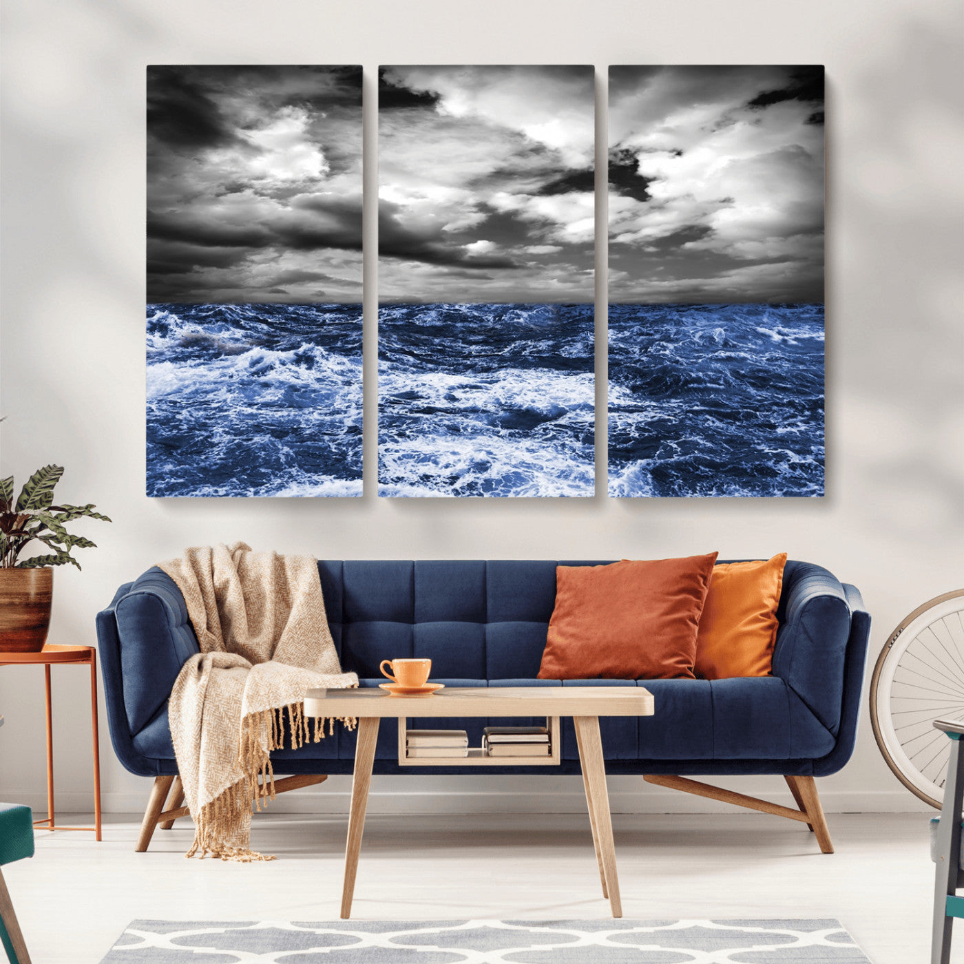 36012-MGV-CV-36X24-Dramatic Stormy Ocean Waves Black and White with Deep Blue Highlights – Moody Seascape Wall Art, Nature Photography Print for Home