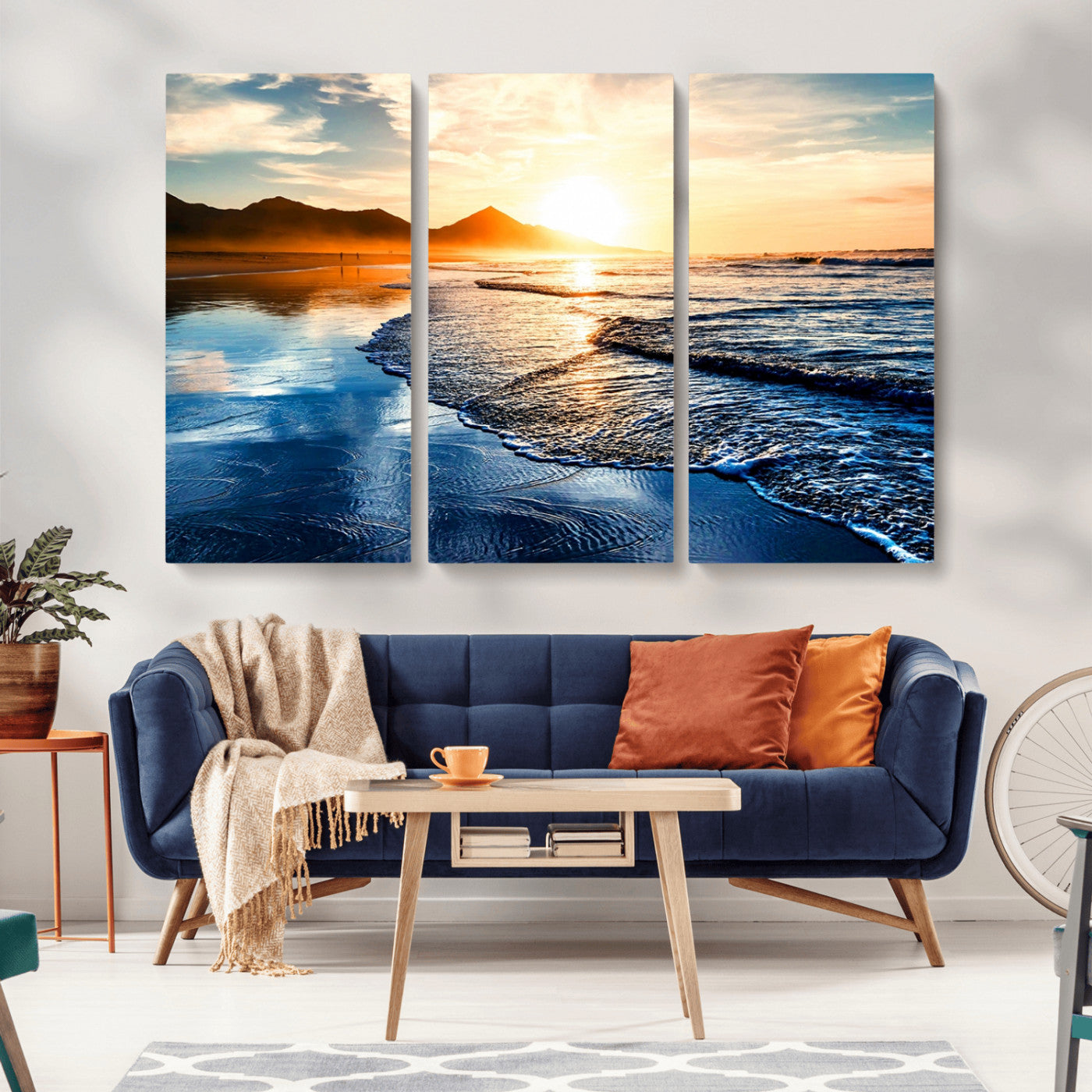 86173-MGV-CV-36X24-Golden Sunset Beach Wall Art – Reflective Ocean Canvas Print with Mountains and Waves, Coastal Nature Decor for Living Room,