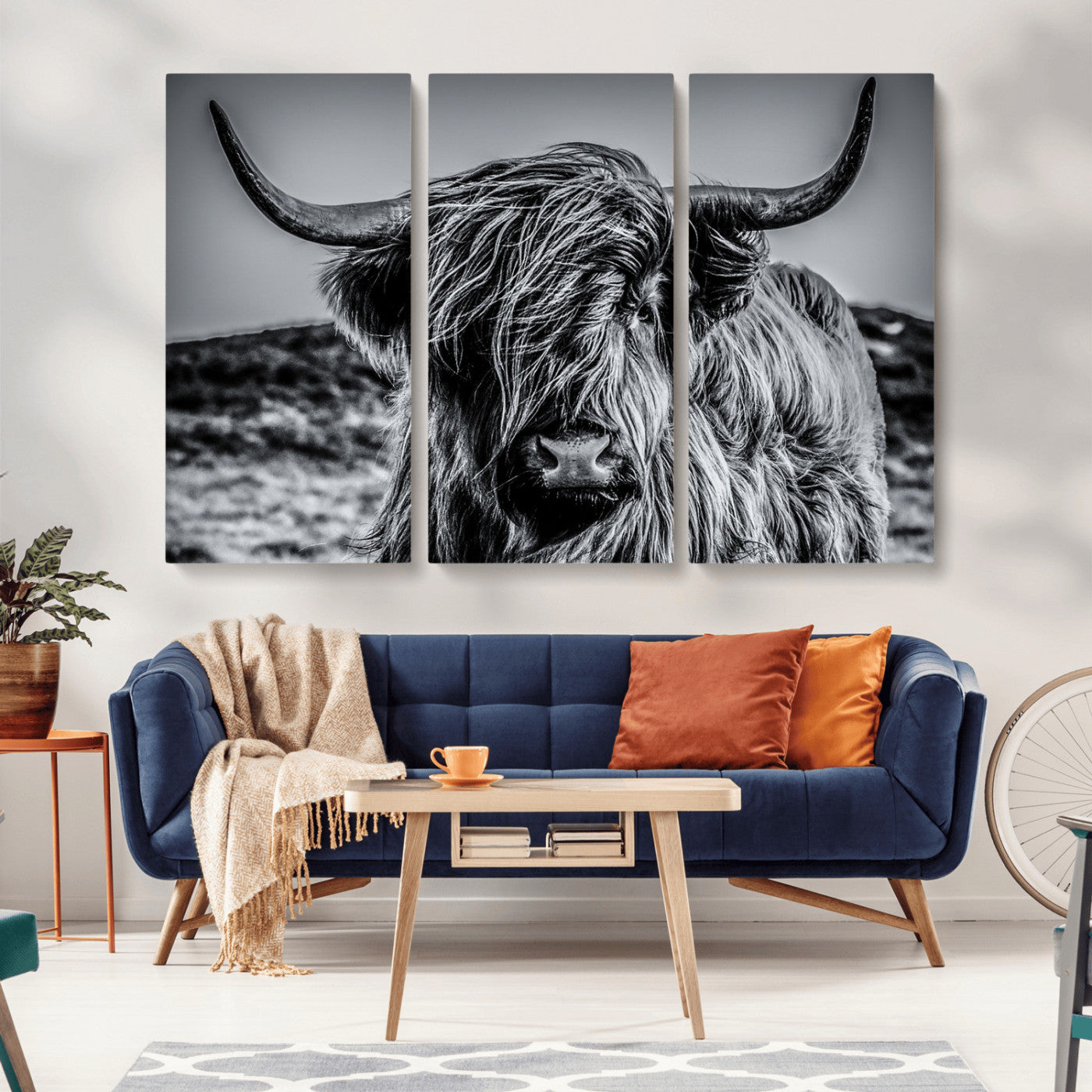 97372-MGV-CV-36X24-Elegant Highland Cow Wall Art – Black and White Canvas Print, Rustic Nature Decor for Home, Office, Living Room or Man Cave