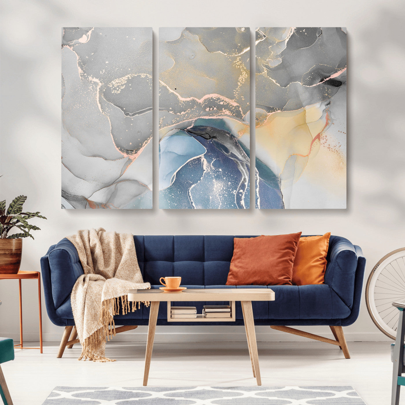 63211-MGV-CV-36X24-Abstract Fluid Art Wall Decor – Blue, Gray & Gold Canvas Print, Modern Home and Office Wall Art Decor for Living Room, Bedroom or