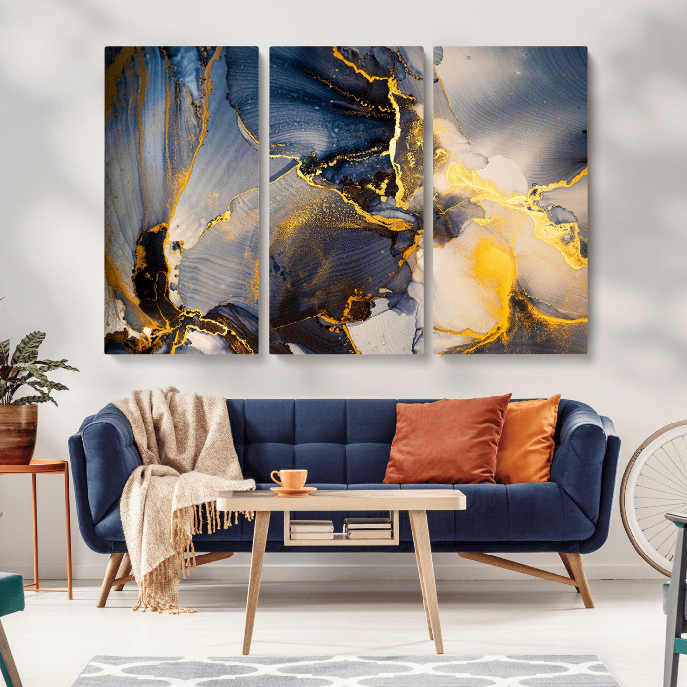 42100-MGV-CV-36X24-Golden Flow Abstract Wall Art – Panoramic Modern Blue and Gold Canvas Print, Contemporary Artistic Decor for Home, Office