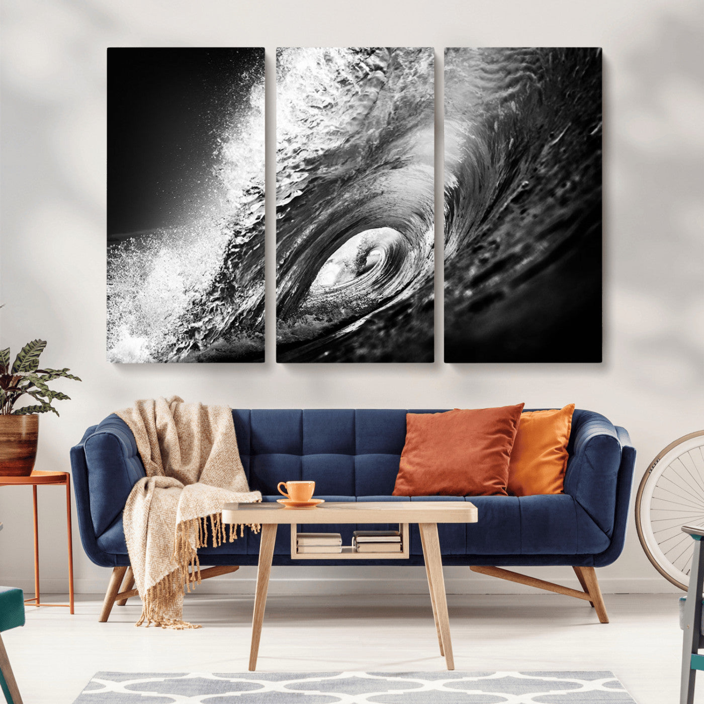 22702-MGV-CV-36X24-Black and White Ocean Wave Wall Art – Powerful Surf Curl Photography Canvas Print, Modern Coastal Decor for Living Room, Office or