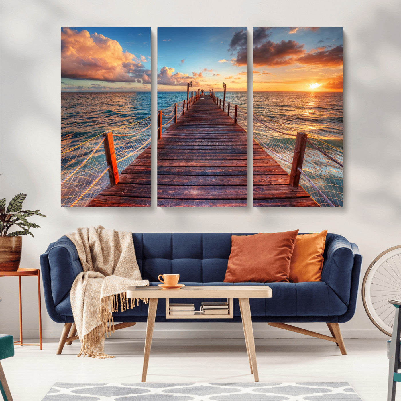 28836-MGV-CV-36X24-Ocean Pier Sunset Wall Art – Wooden Dock and Golden Horizon Canvas Print, Coastal Seascape Photography for Living Room, Bedroom,