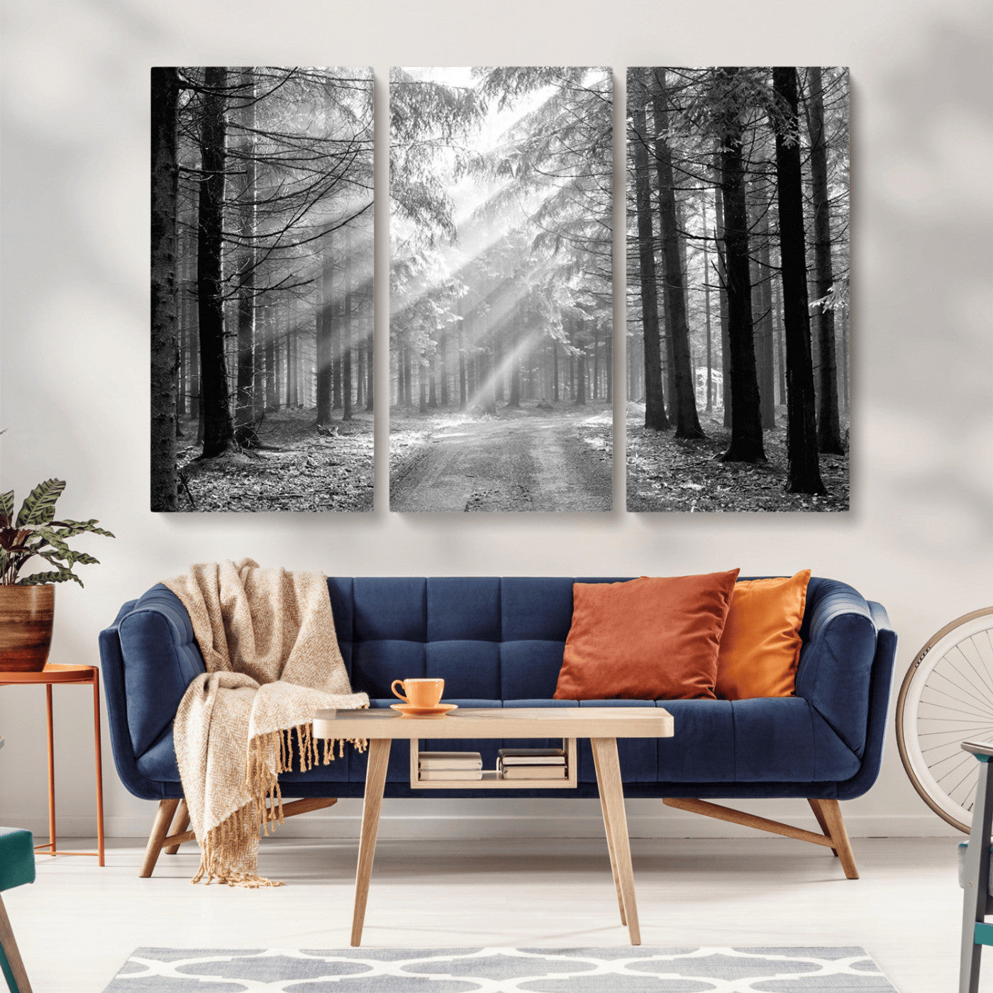 39665-MGV-CV-36X24-Black and White Forest Path Wall Art – Sunlight Rays in Trees Canvas Print, Nature Landscape Decor for Living Room or Office