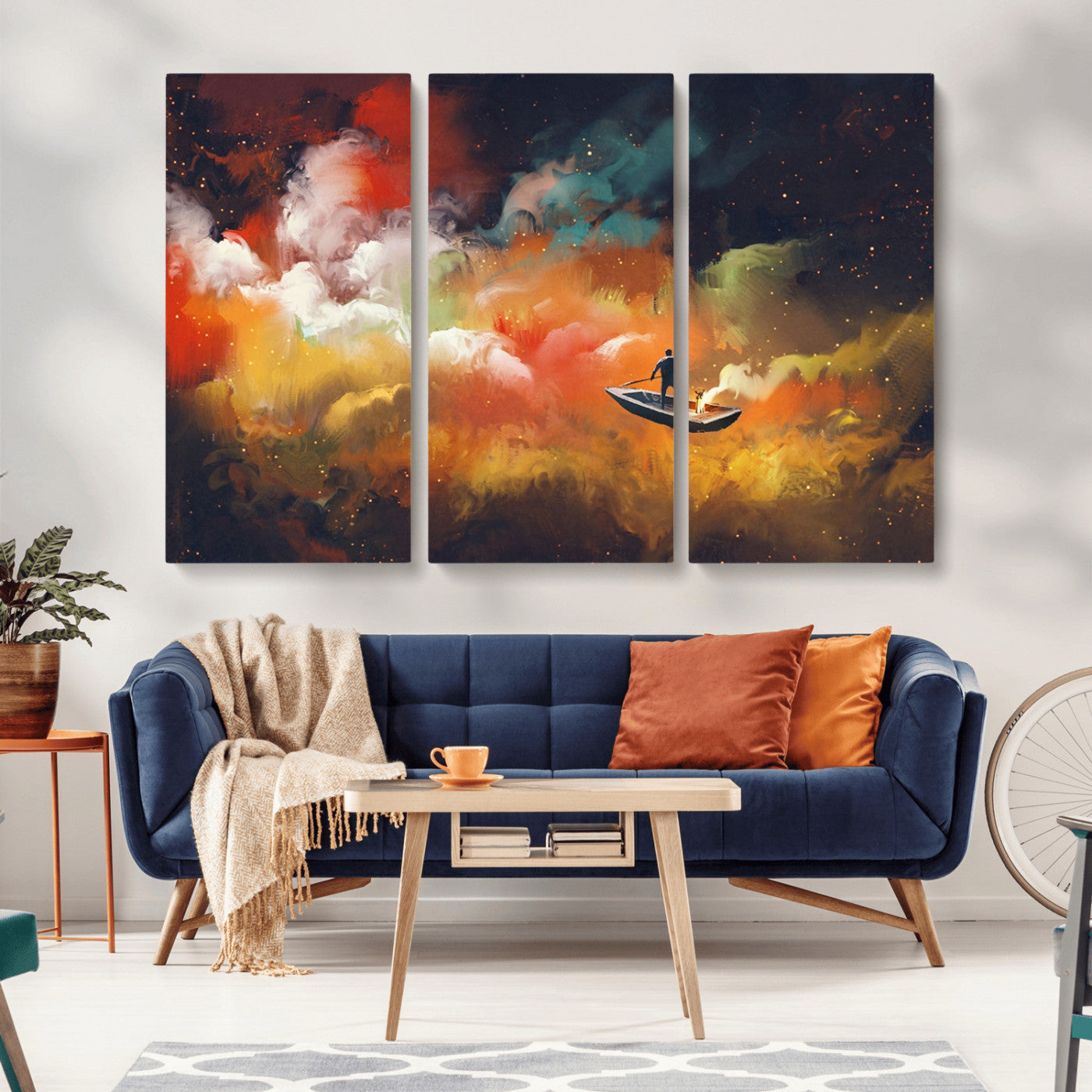 45085-MGV-CV-36X24-Surreal Cosmic Wall Art – Abstract Galaxy Dreamscape Canvas Print with Man and Dog in Boat, Fantasy Nebula Painting for Living