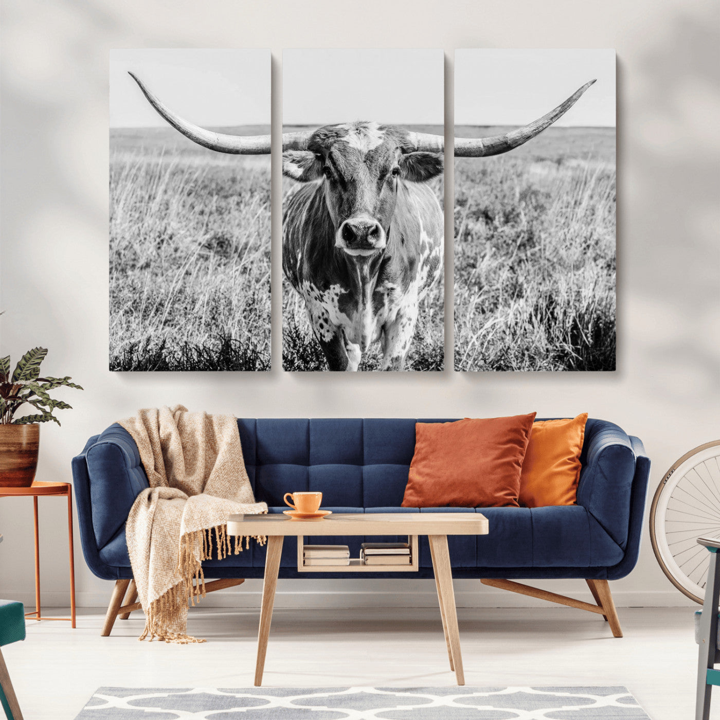 77320-MGV-CV-36X24-Texas Longhorn Wall Art – Black and White Western Cattle Canvas Print, Rustic Farmhouse Animal Photography Decor for Living Room,