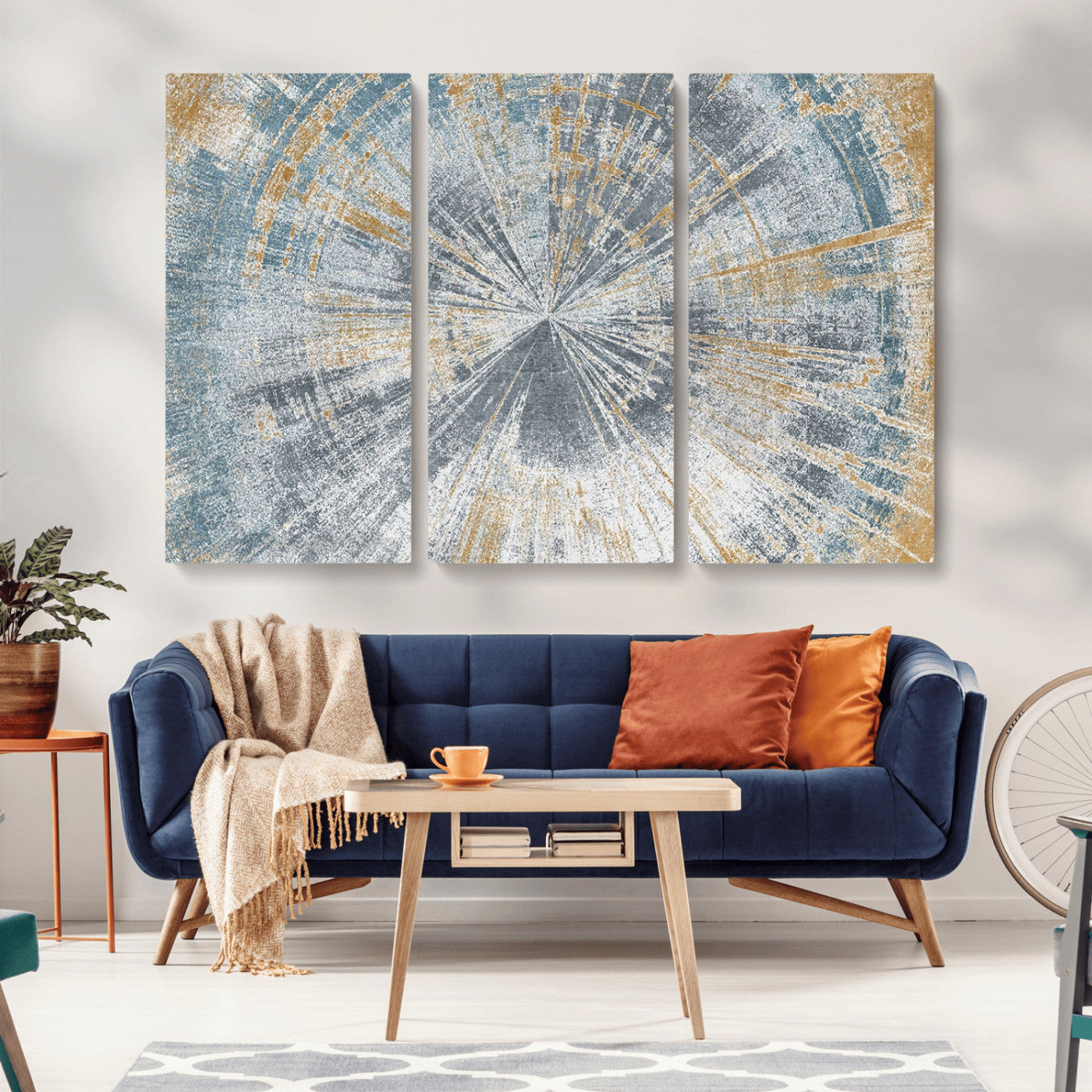 17631-MGV-CV-36X24-Radiant Burst Wall Art – Abstract Sunburst Canvas Print in Blue and Gold, Modern Geometric Painting for Living Room, Office or