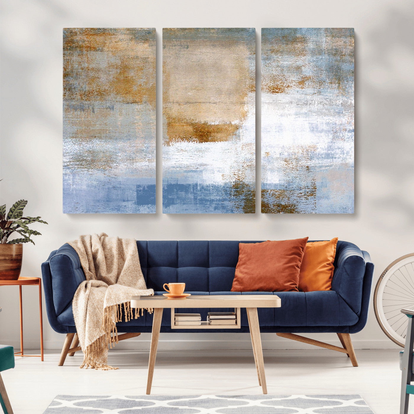 72354-MGV-CV-36X24-Blue and Gold Abstract Wall Art – Modern Minimalist Canvas Print, Textured Contemporary Painting for Living Room, Bedroom, or