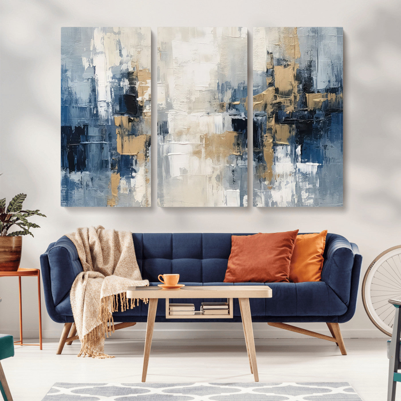 44344-MGV-CV-36X24-Abstract Blue and Gold Wall Art – Modern Hand Painted Canvas Print, Contemporary Textured Painting for Living Room, Bedroom or