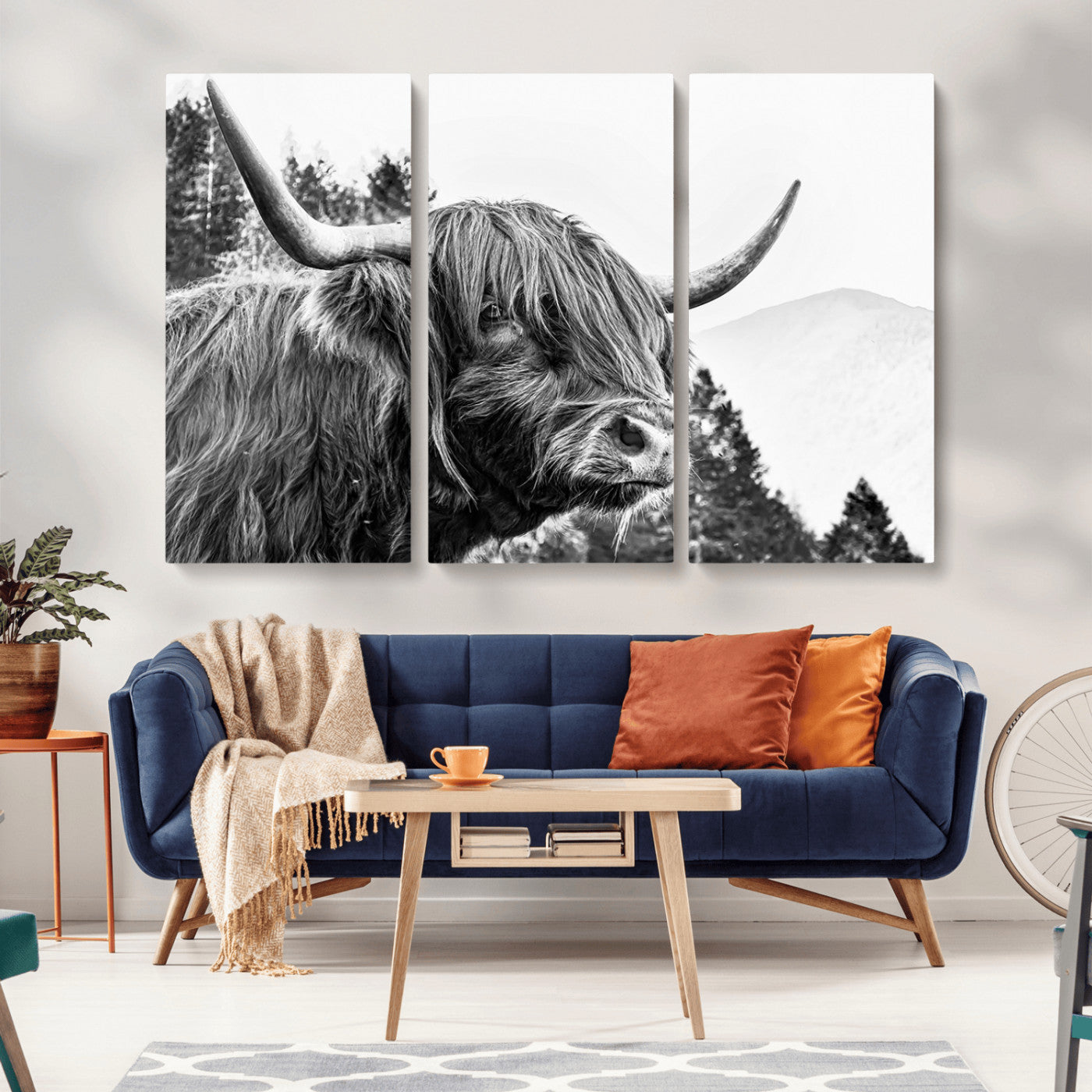 61570-MGV-CV-36X24-Highland Cow Wall Art – Black and White Scottish Bull Canvas Print, Rustic Farmhouse Animal Decor for Living Room, Bedroom, or