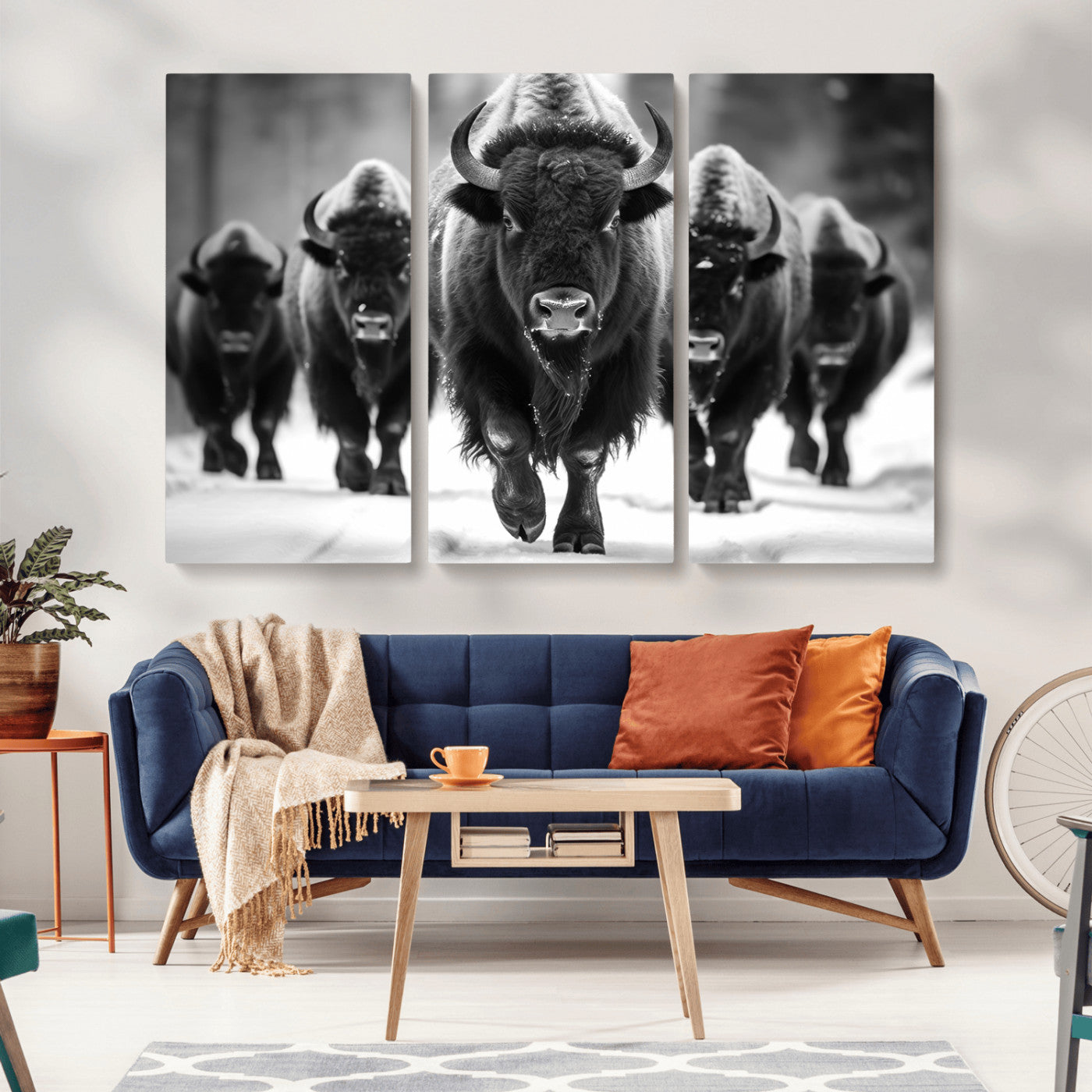 79872-MGV-CV-36X24-Bison Herd Wall Art – Black and White Buffalo on Snow Canvas Print, Rustic Wildlife Decor for Lodge, Cabin, or Living Room