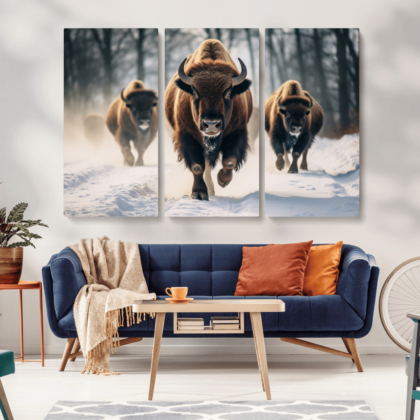 56549-MGV-CV-36X24-Wild Bison Wall Art – Majestic Buffalo Herd Running in Snow Canvas Print, Rustic Wildlife Photography Decor for Cabin, Lodge, or