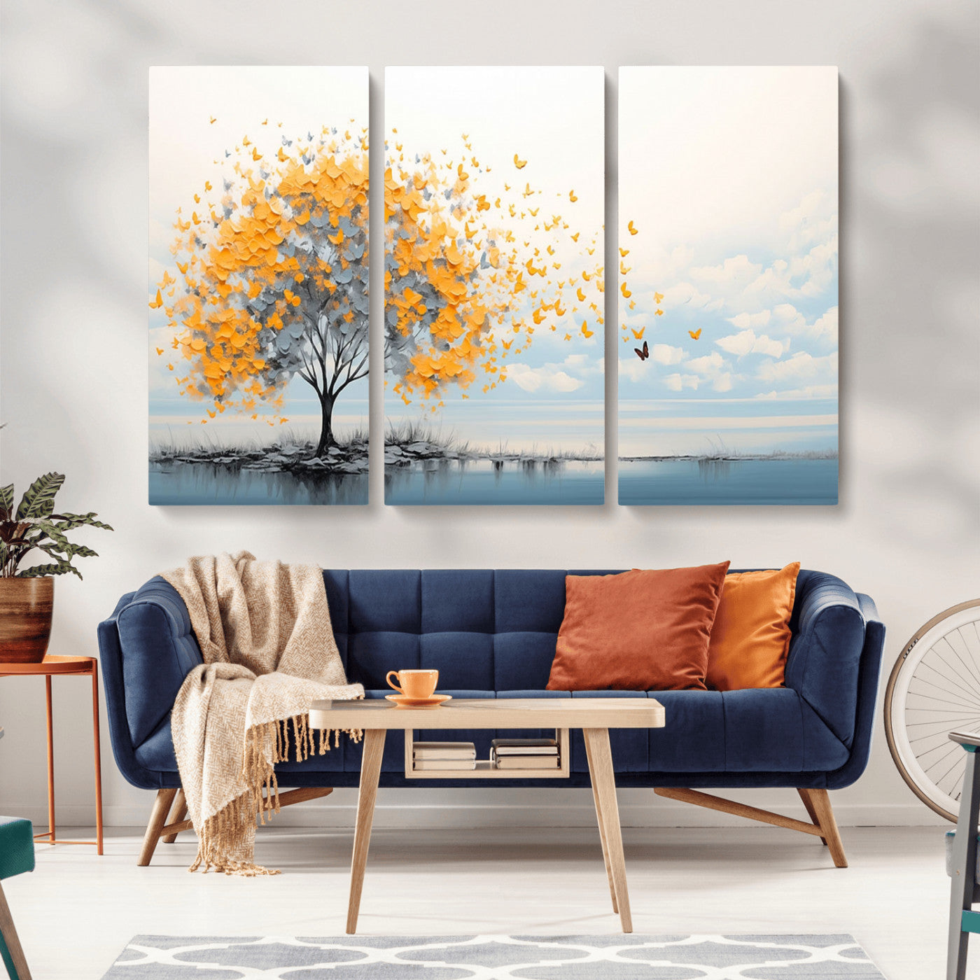 23385-MGV-CV-36X24-Golden Butterfly Tree Wall Art – Abstract Yellow and Gray Canvas Print, Modern Nature Artwork for Living Room, Bedroom or Office