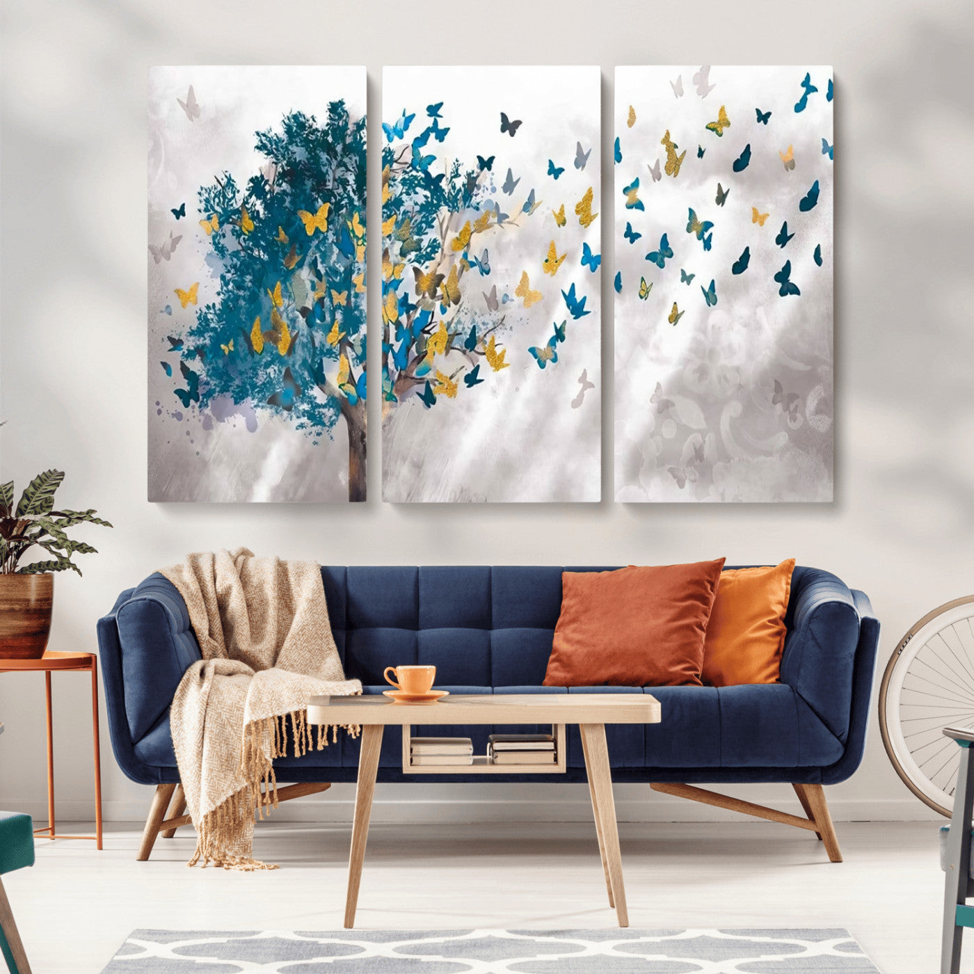 37564-MGV-CV-36X24-Butterfly Tree Wall Art – Modern Nature Canvas Print with Blue and Golden Butterflies, Elegant Decorative Painting for Living Room