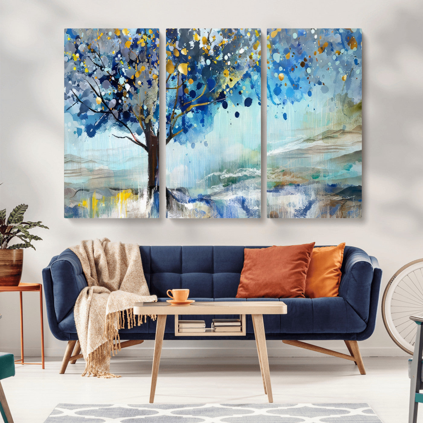 17018-MGV-CV-36X24-Abstract Blue Tree Wall Art – Colorful Canvas Painting with Gold and Silver Accents, Modern Nature Artwork for Living Room,