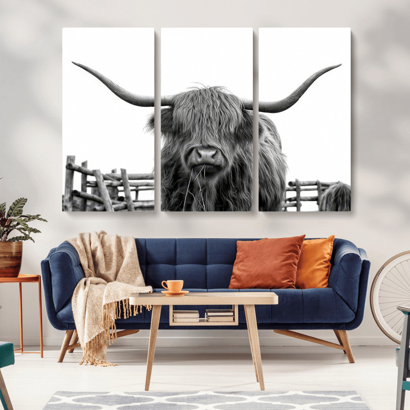 58188-MGV-CV-36X24-Highland Cow Wall Art – Black and White Rustic Farmhouse Canvas Print, Longhorn Cattle Photography Decor for Living Room or