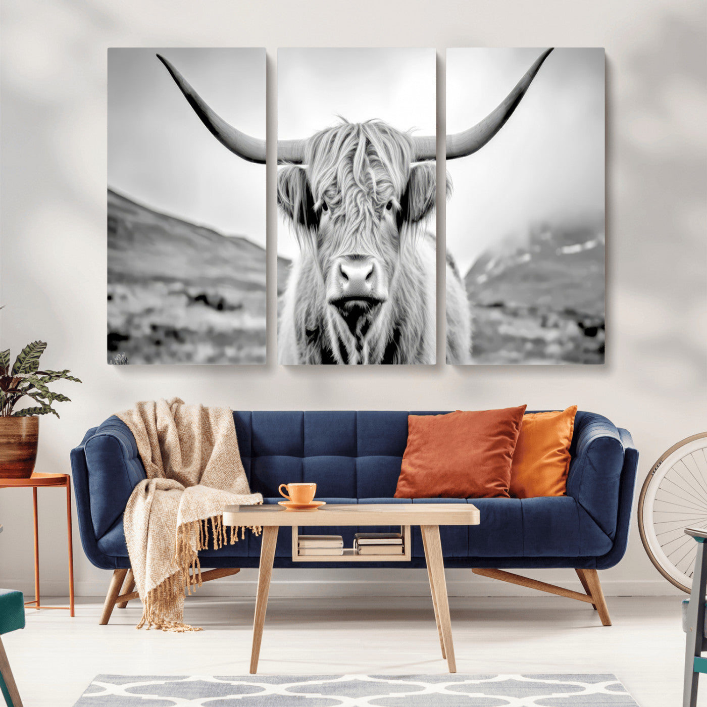 80564-MGV-CV-36X24-Highland Cow Wall Art – Black and White Scottish Highland Canvas Print, Rustic Farmhouse Decor for Living Room, Bedroom or Office