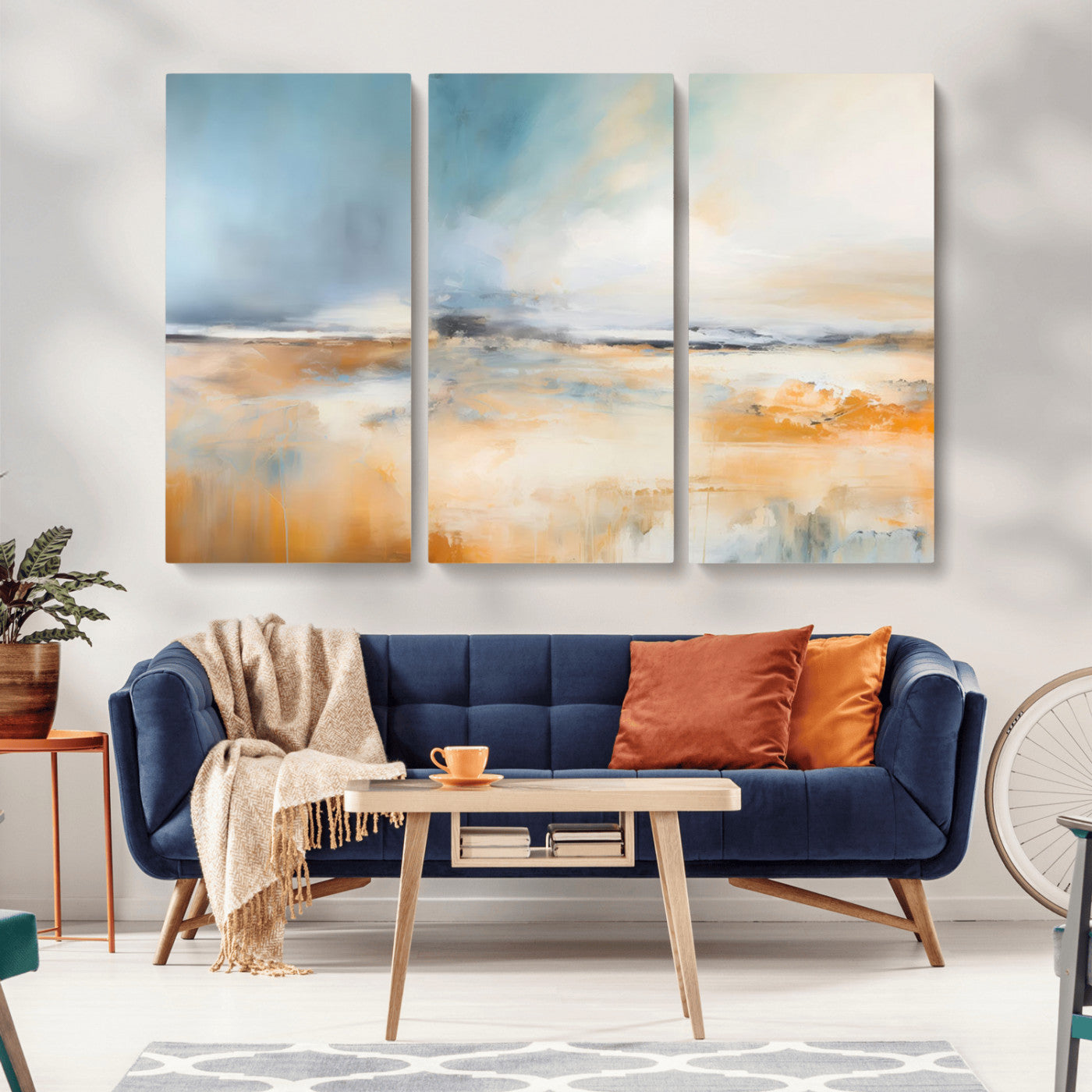 92764-MGV-CV-36X24-Abstract Landscape Wall Art – Modern Blue and Orange Canvas Print, Large Minimalist Painting for Living Room, Bedroom, Office or