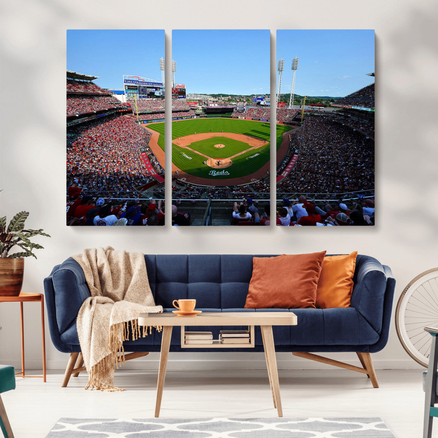 90998-MGV-CV-36X24-Baseball Stadium Wall Art – Canvas Print Day Game Field Packed Crowd Bright Blue Sky Sports Photography, Classic Decor for Game