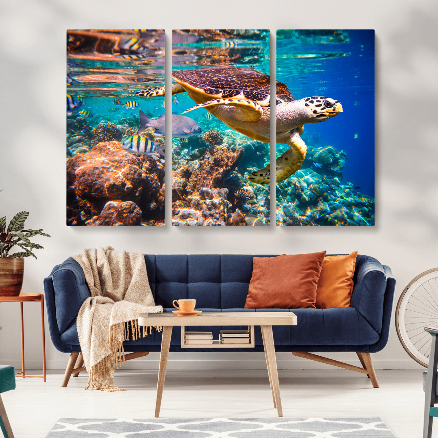 66614-MGV-CV-36X24-Sea Turtle Wall Art – Hawksbill Turtle Swimming Over Coral Reef Canvas Print, Ocean Marine Life Decor for Beach House, Coastal