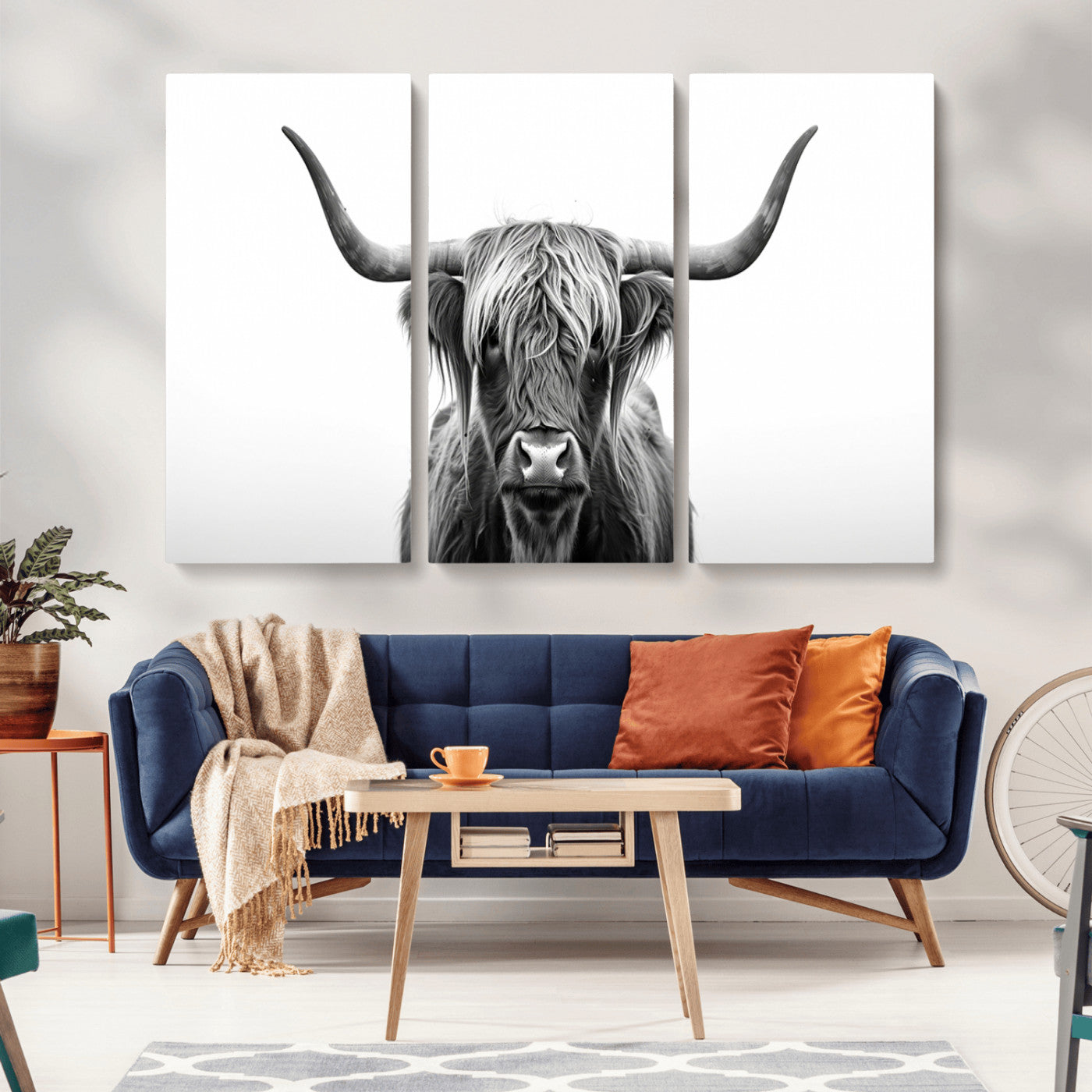 49556-MGV-CV-36X24-Highland Cow Wall Art – Black and White Scottish Highland Cattle Print, Rustic Farmhouse Minimalist Animal Portrait Canvas for