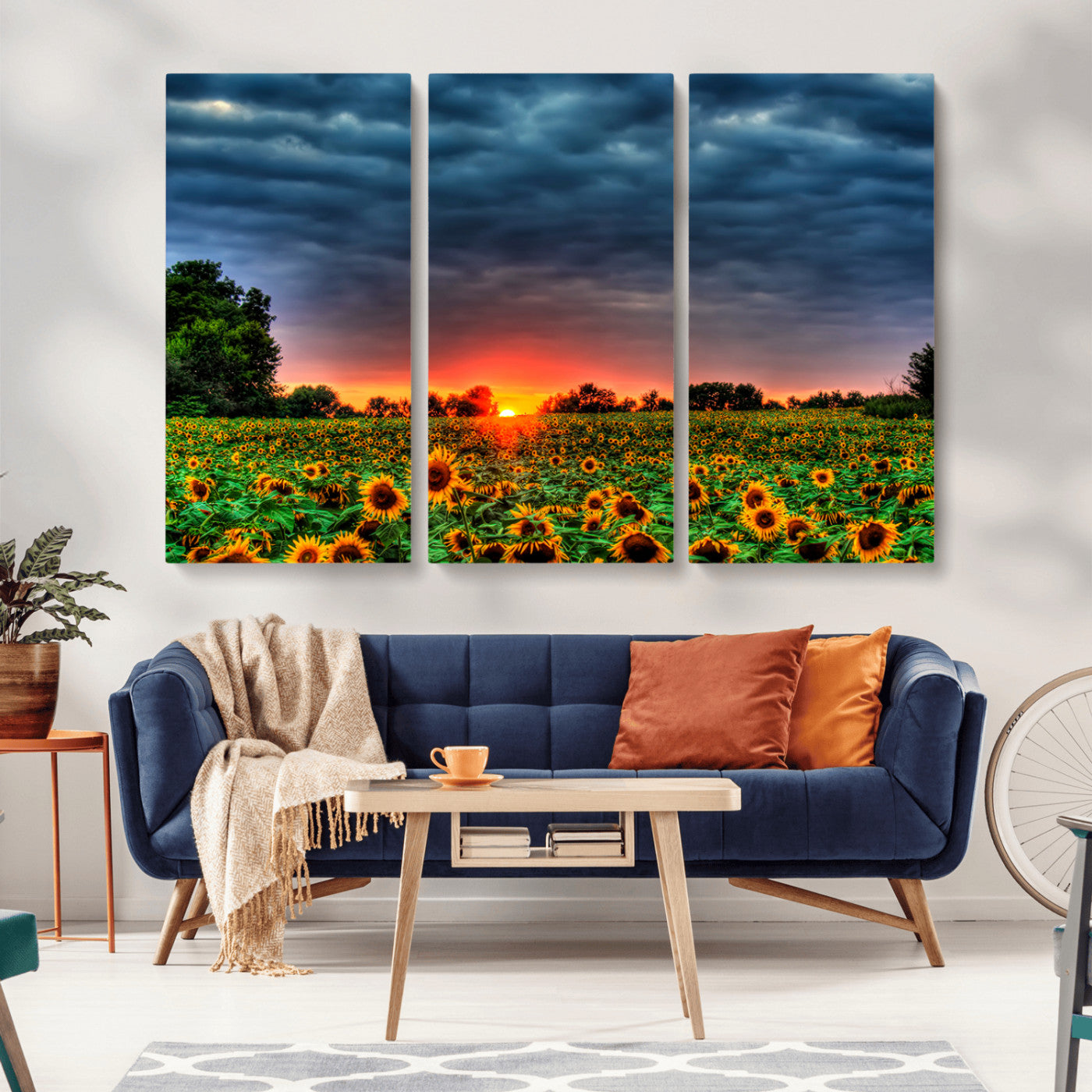 45045-MGV-CV-36X24-Sunflower Field Sunset Wall Art – Dramatic Stormy Sky Landscape Print, Vibrant Yellow Floral Nature Canvas for Living Room,