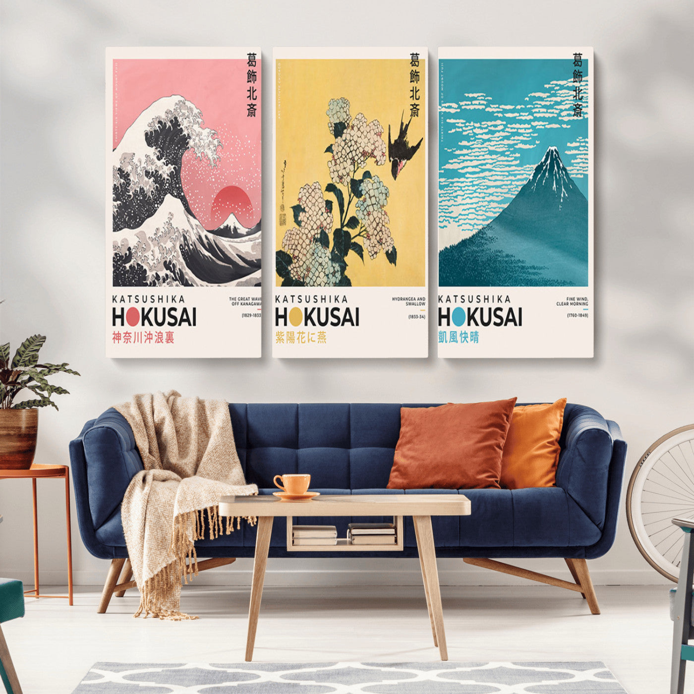 Katsushika-MGV-CV-36X24-Katsushika Hokusai Wall Art Set – The Great Wave, Hydrangea and Swallow, Fine Wind Canvas Prints, Japanese Ukiyo e Style Home and