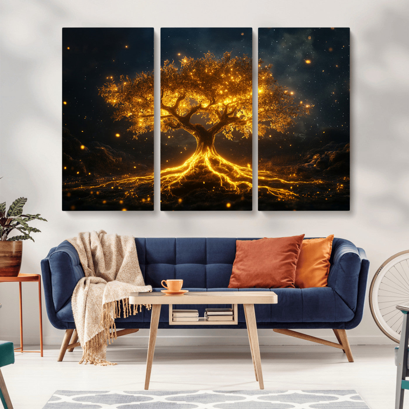 60194-MGV-CV-36X24-Glowing Tree Wall Art – Golden Roots Fantasy Canvas Print, Mystical Illuminated Tree Painting Poster for Living Room, Bedroom,