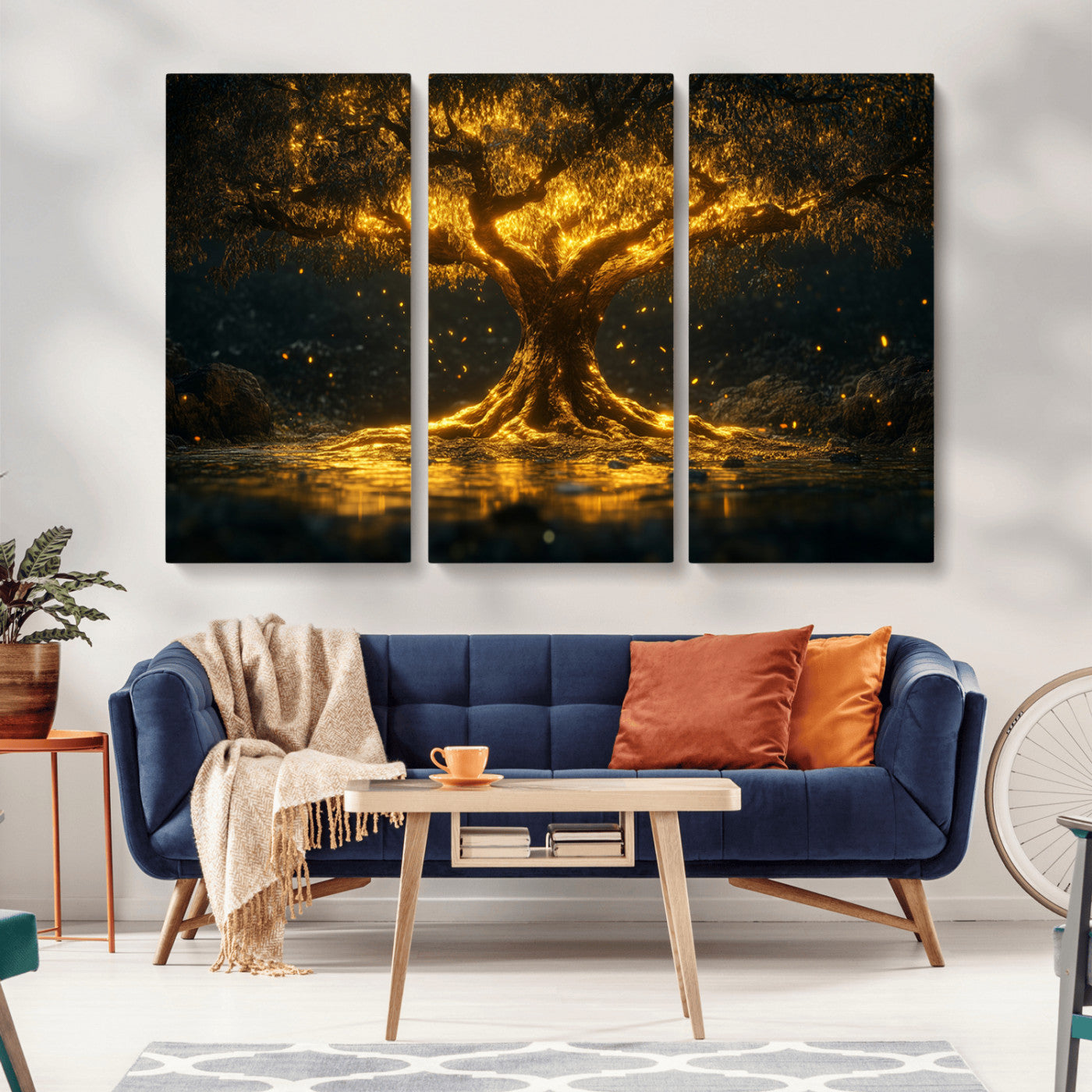 59580-MGV-CV-36X24-Glowing Tree Wall Art – Golden Fantasy Nature Canvas Print, Mystical Illuminated Tree Painting Poster for Living Room, Bedroom,