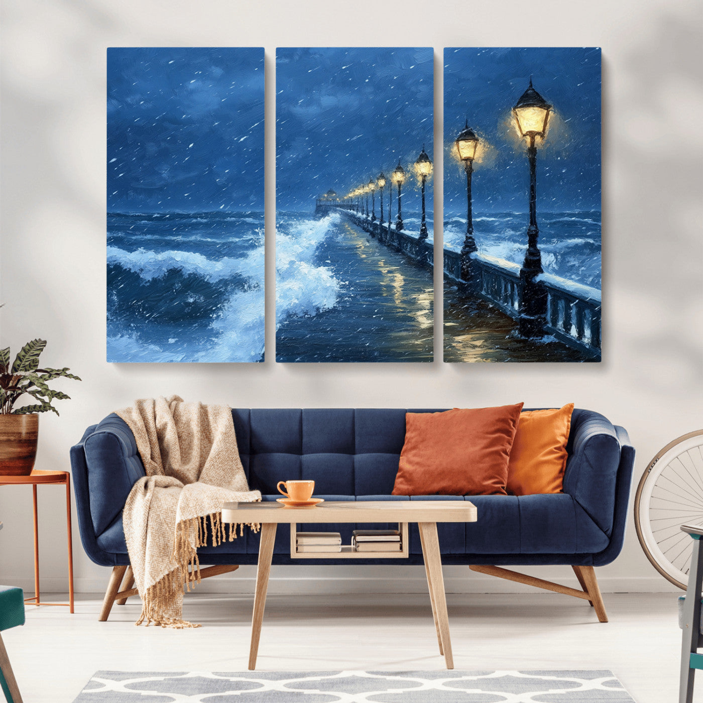 32668-MGV-CV-36X24-Stormy Pier Wall Art – Ocean Waves and Street Lamps Canvas Print, Rainy Night Seascape Oil Painting Poster for Living Room,