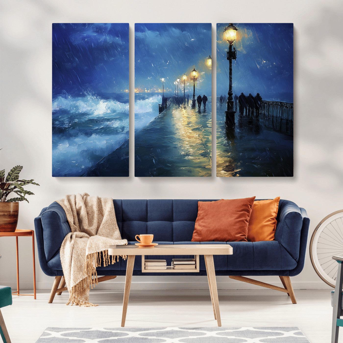 94571-MGV-CV-36X24-Seaside Night Wall Art – Ocean Waves and Street Lamps Canvas Print, Rainy City Pier Oil Painting Poster for Living Room, Bedroom,
