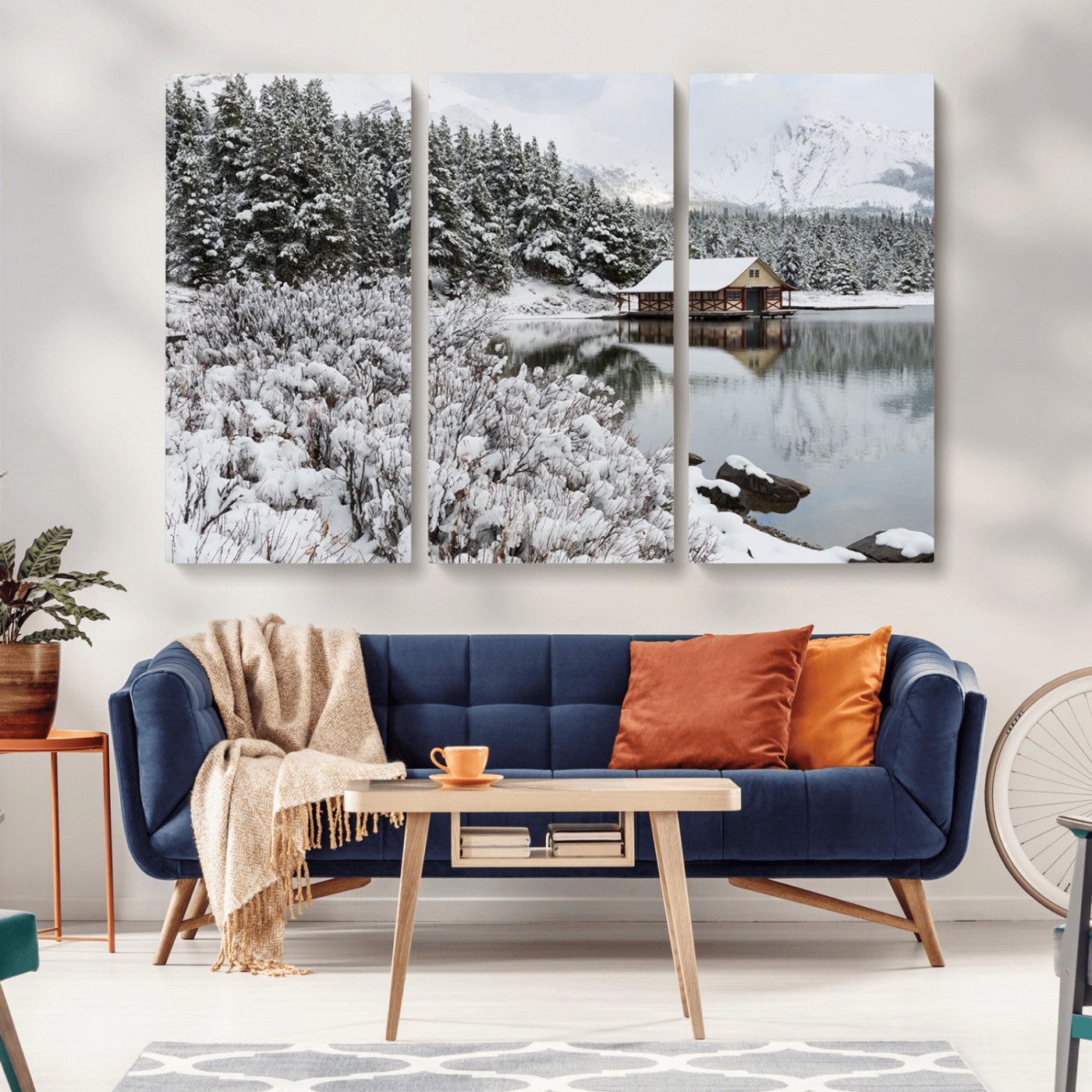94285-MGV-CV-36X24-Snowy Cabin Wall Art Canvas Print, Framed Winter Cabin Art Picture Print, Mountain Lake Perfect Snowy Nature Decor Artwork